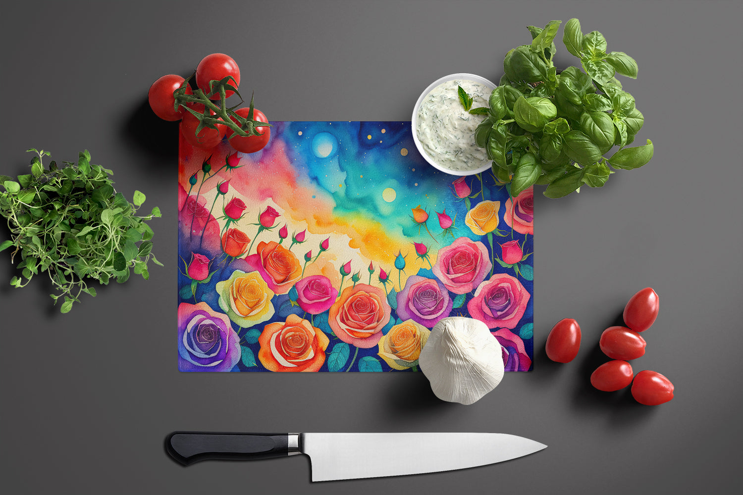 Roses in Color Cutting Board Tempered Glass Kitchen Cutting Surface, Heat Resistant Chopping, Non-Slip Feet, Food Prep & Serving