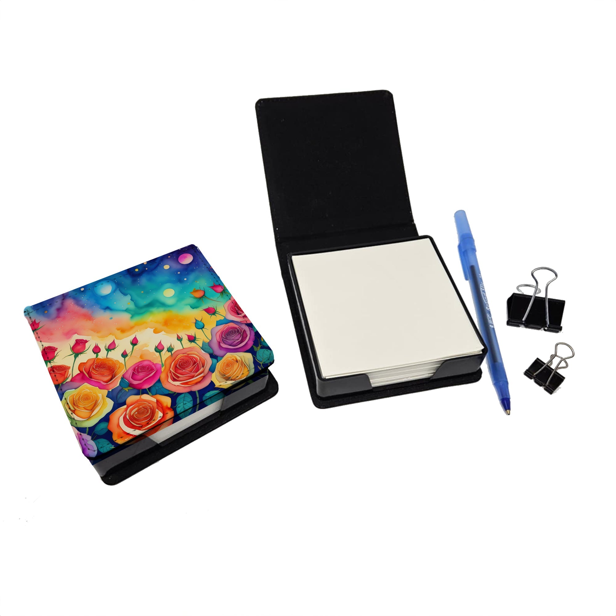 Roses in Color PU Leather Note Paper Holder with Artist-Designed Cover, Desk Accessory, Office Gift