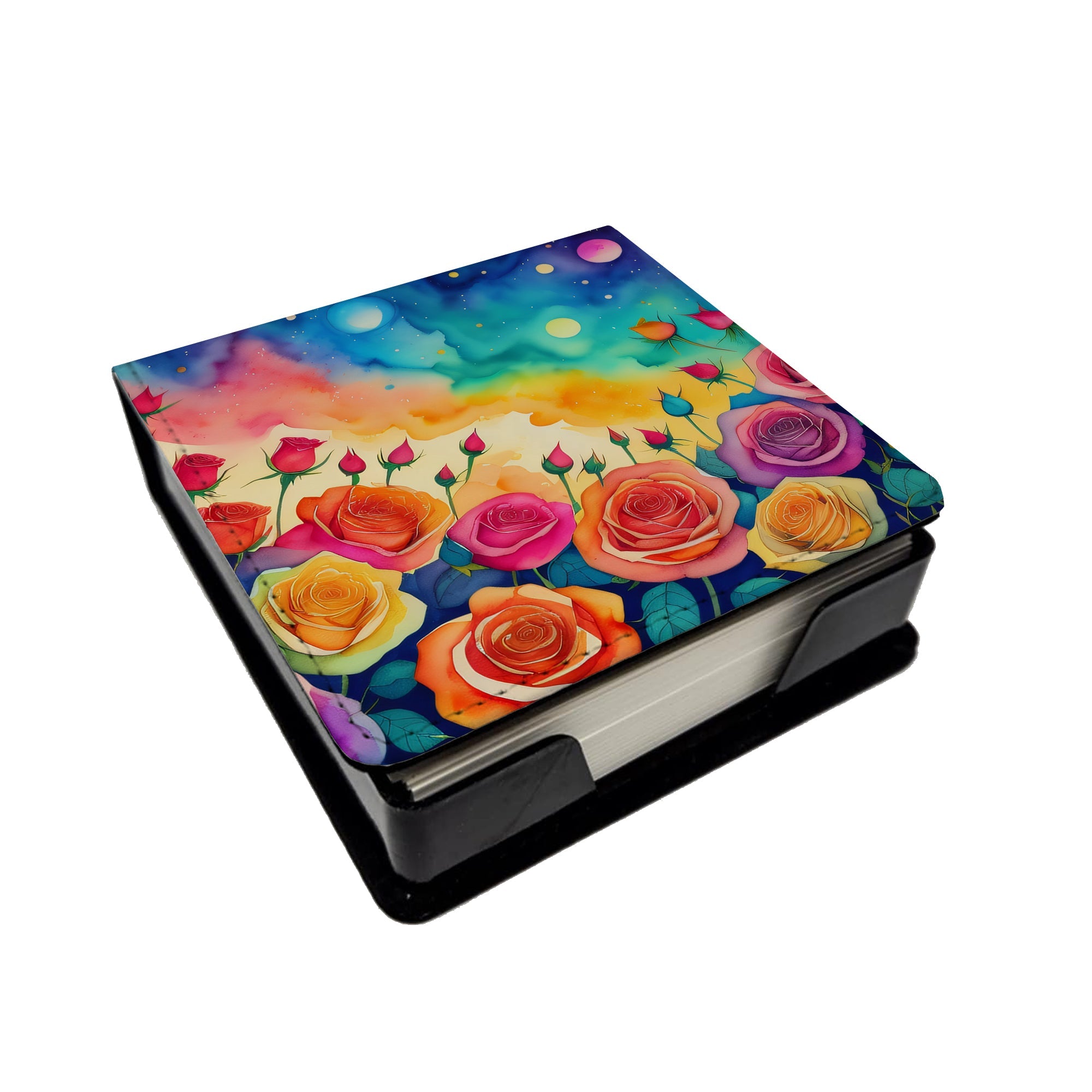 Roses in Color PU Leather Note Paper Holder with Artist-Designed Cover, Desk Accessory, Office Gift
