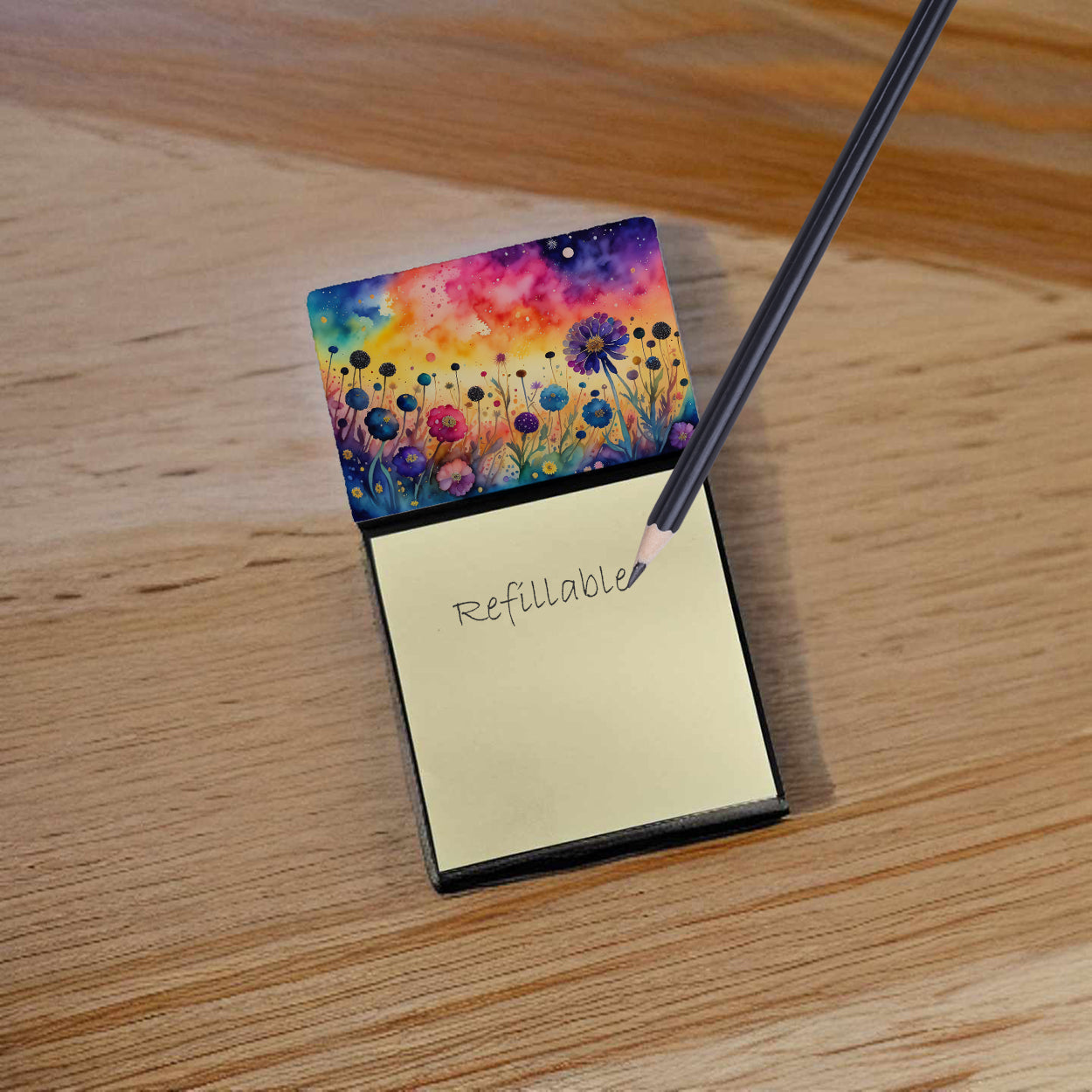 Scabiosa in Color Watercolor Sticky Note Holder Refillable Dispenser Desk Accessory 3x3 Pad Gift