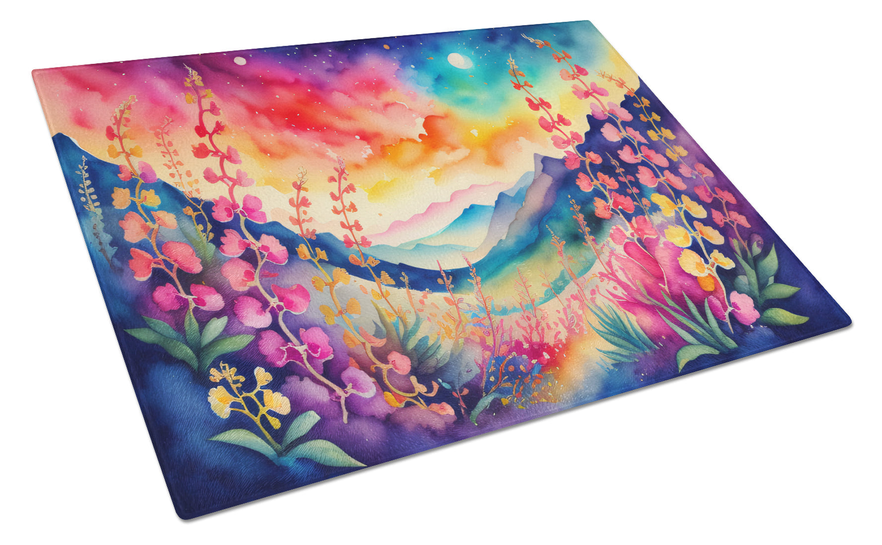 Snapdragon in Color Cutting Board Tempered Glass Kitchen Cutting Surface, Heat Resistant Chopping, Non-Slip Feet, Food Prep & Serving