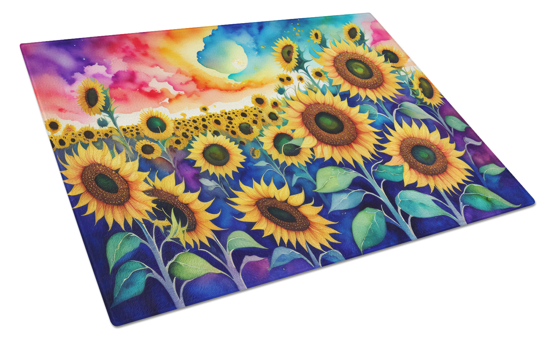 Sunflowers in Color Cutting Board Tempered Glass Kitchen Cutting Surface, Heat Resistant Chopping, Non-Slip Feet, Food Prep & Serving