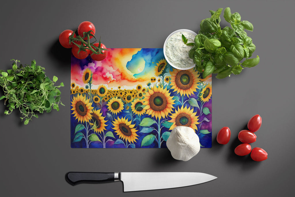 Sunflowers in Color Cutting Board Tempered Glass Kitchen Cutting Surface, Heat Resistant Chopping, Non-Slip Feet, Food Prep & Serving