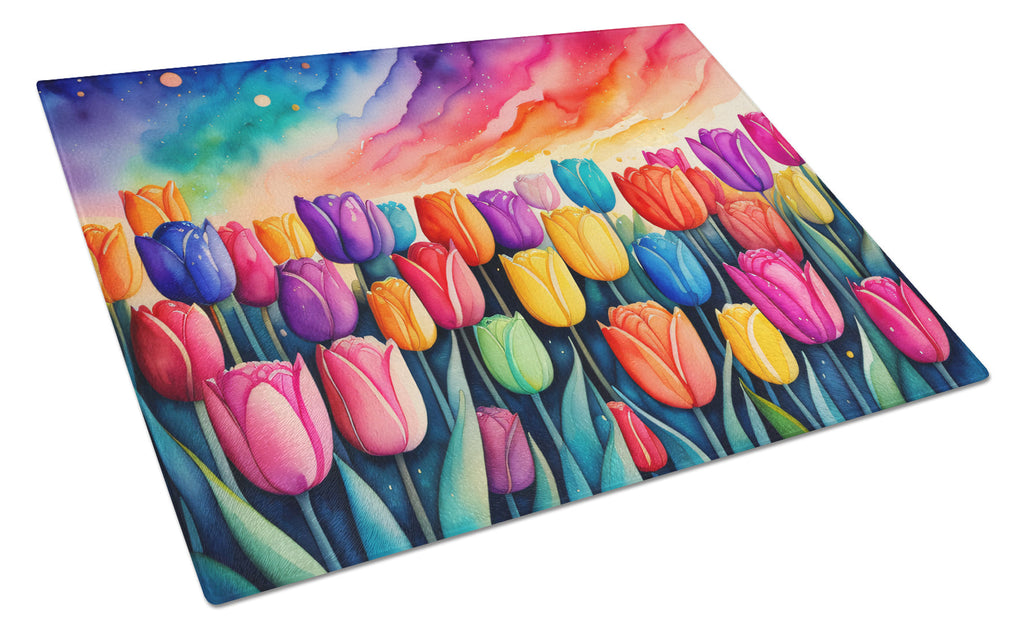 Tulips in Color Cutting Board Tempered Glass Kitchen Cutting Surface, Heat Resistant Chopping, Non-Slip Feet, Food Prep & Serving