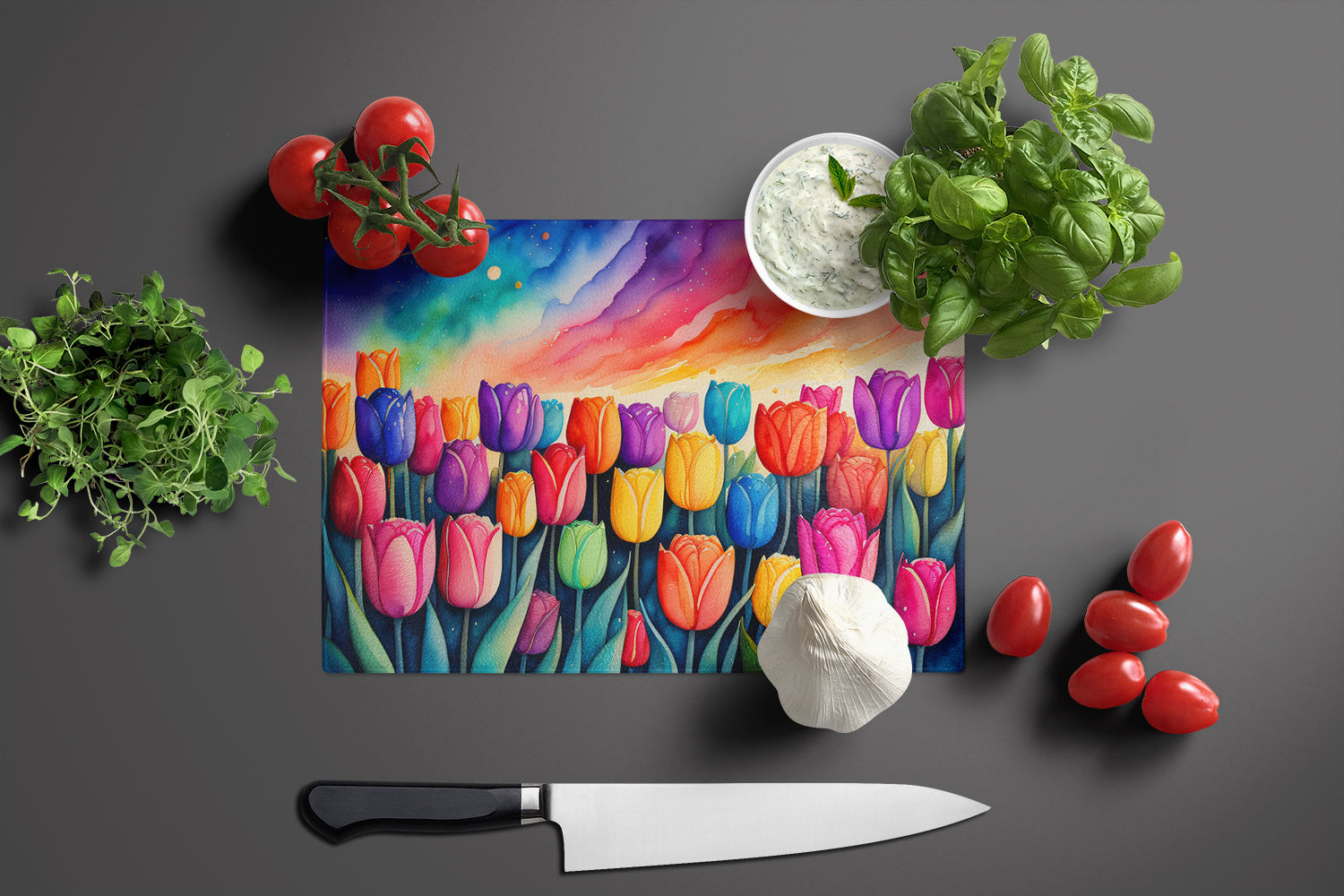 Tulips in Color Cutting Board Tempered Glass Kitchen Cutting Surface, Heat Resistant Chopping, Non-Slip Feet, Food Prep & Serving