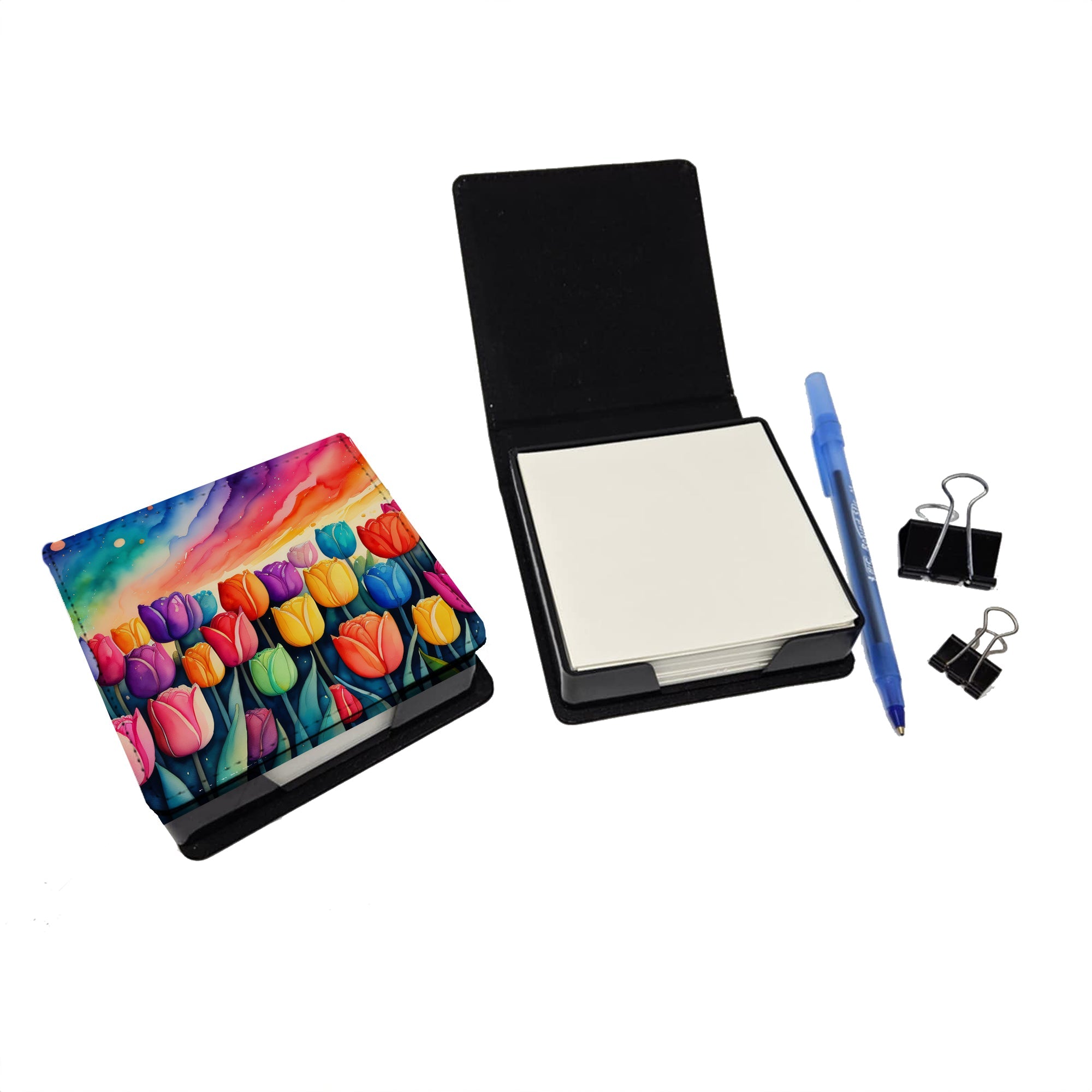 Tulips in Color PU Leather Note Paper Holder with Artist-Designed Cover, Desk Accessory, Office Gift