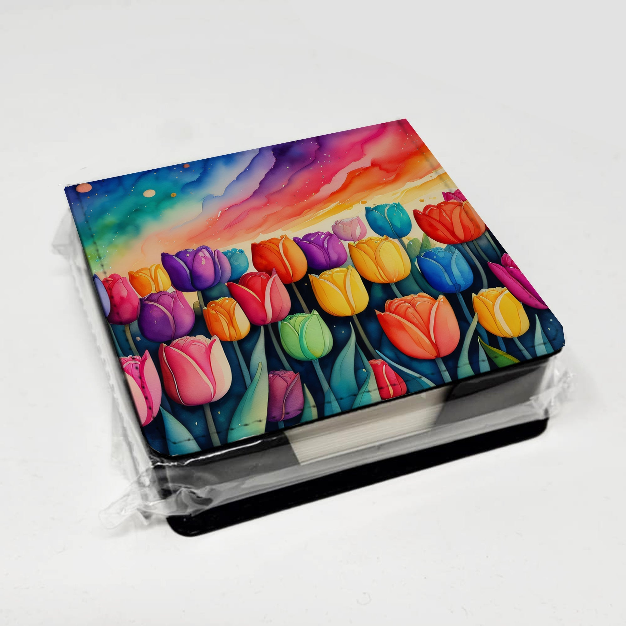 Tulips in Color PU Leather Note Paper Holder with Artist-Designed Cover, Desk Accessory, Office Gift