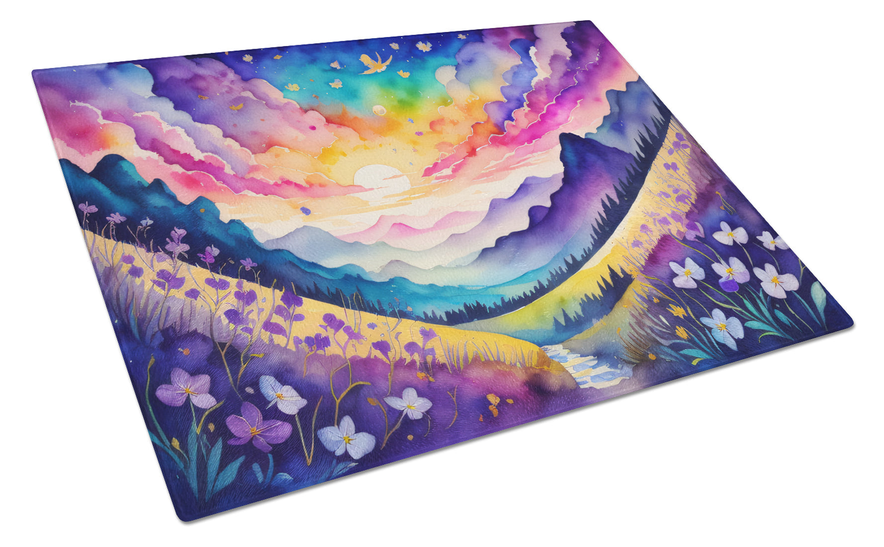 Violets in Color Cutting Board Tempered Glass Kitchen Cutting Surface, Heat Resistant Chopping, Non-Slip Feet, Food Prep & Serving