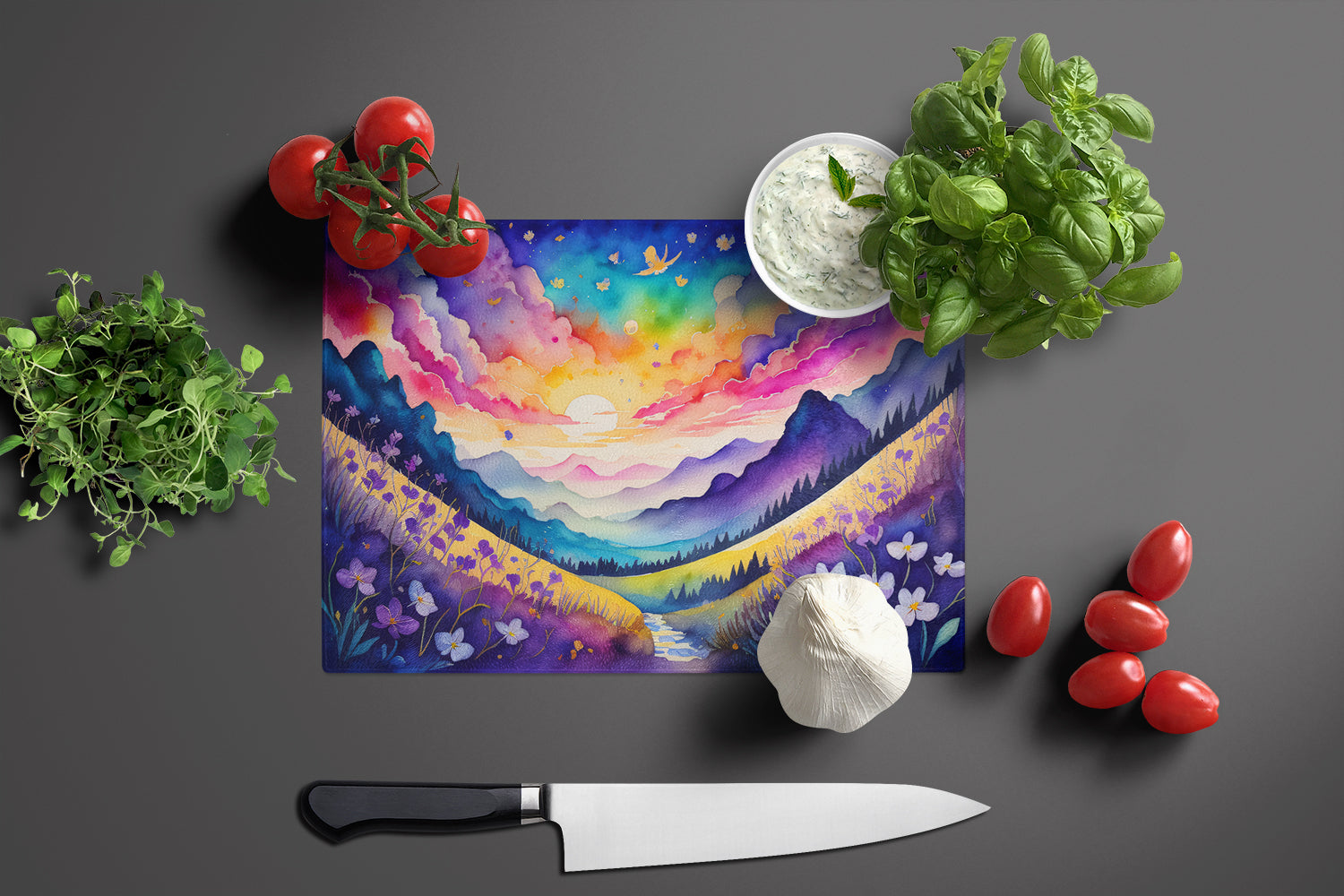 Violets in Color Cutting Board Tempered Glass Kitchen Cutting Surface, Heat Resistant Chopping, Non-Slip Feet, Food Prep & Serving