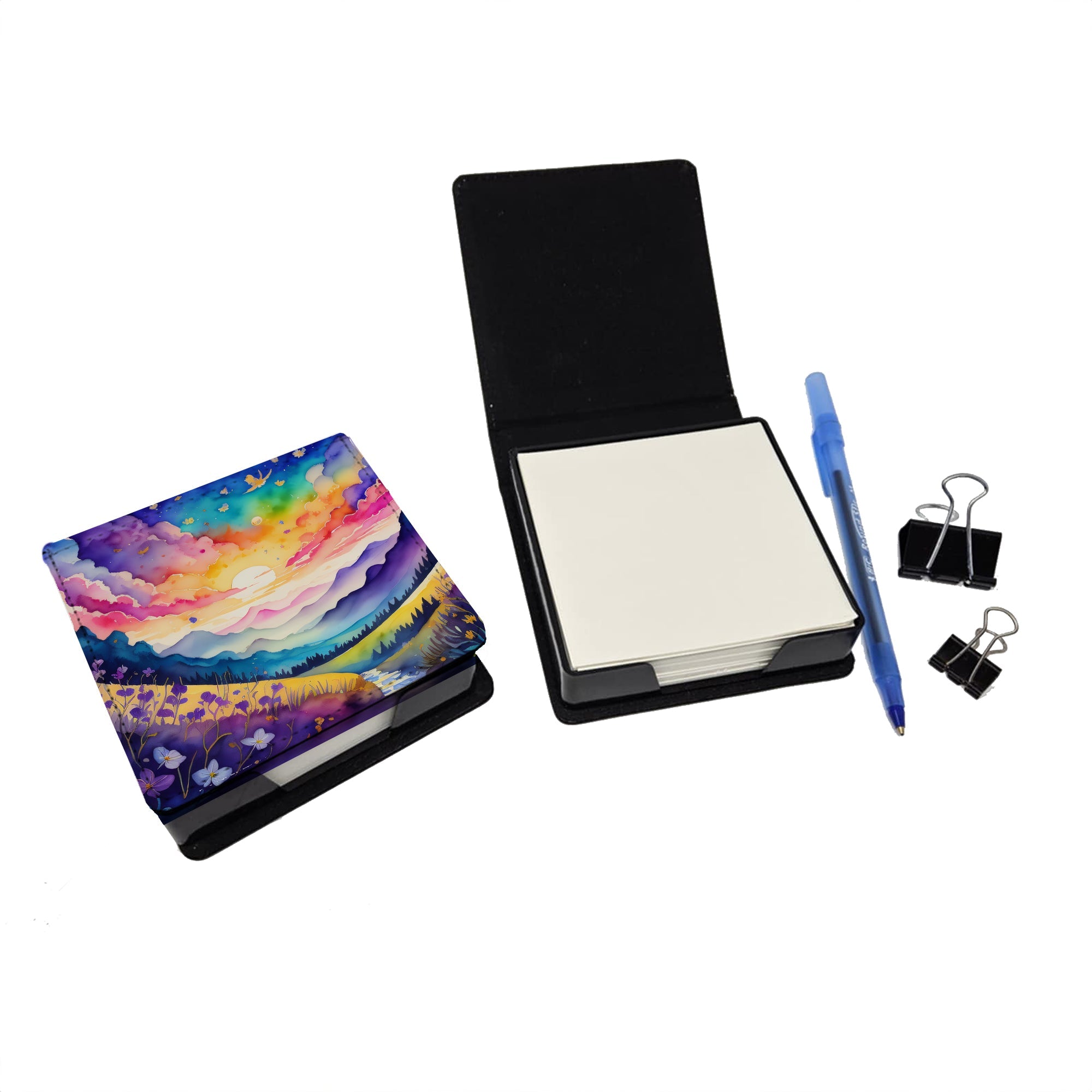 Violets in Color PU Leather Note Paper Holder with Artist-Designed Cover, Desk Accessory, Office Gift