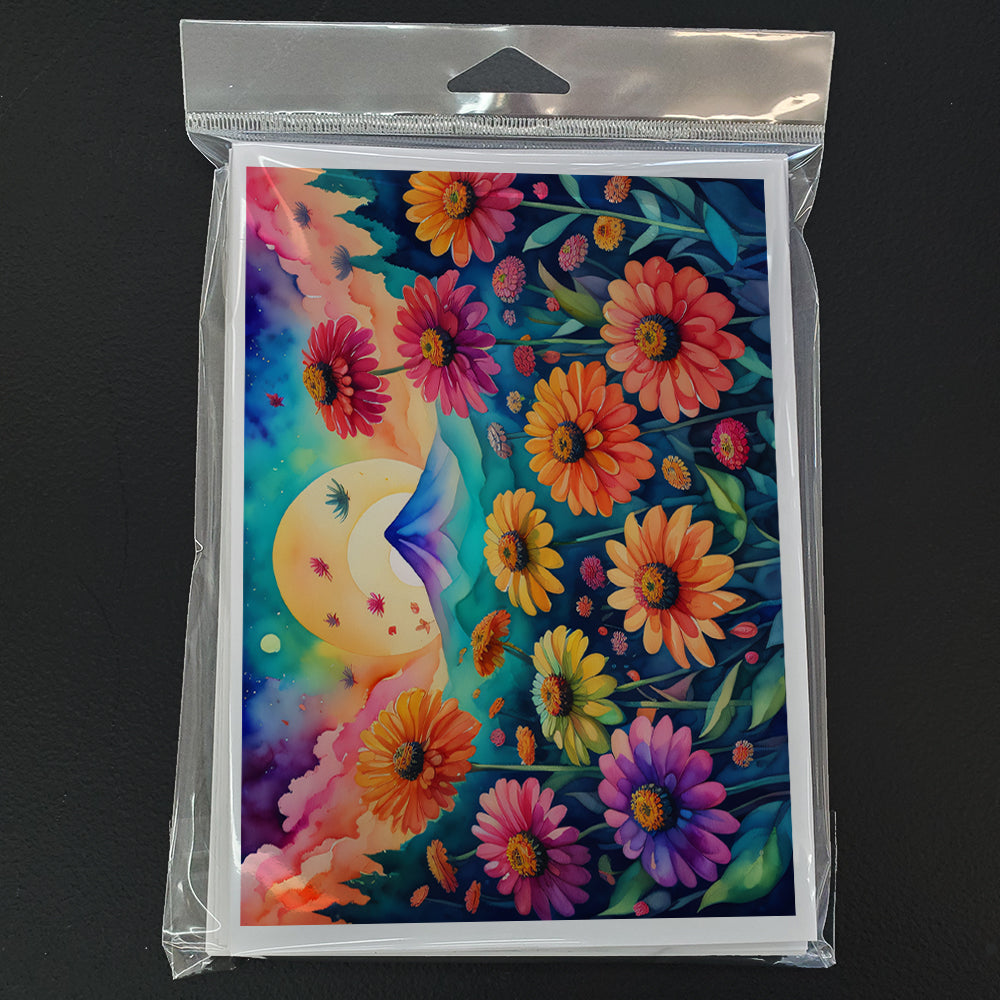 Zinnias in Color Greeting Cards Pack of 8 Blank Cards with Envelopes Whimsical A7 Size 5x7