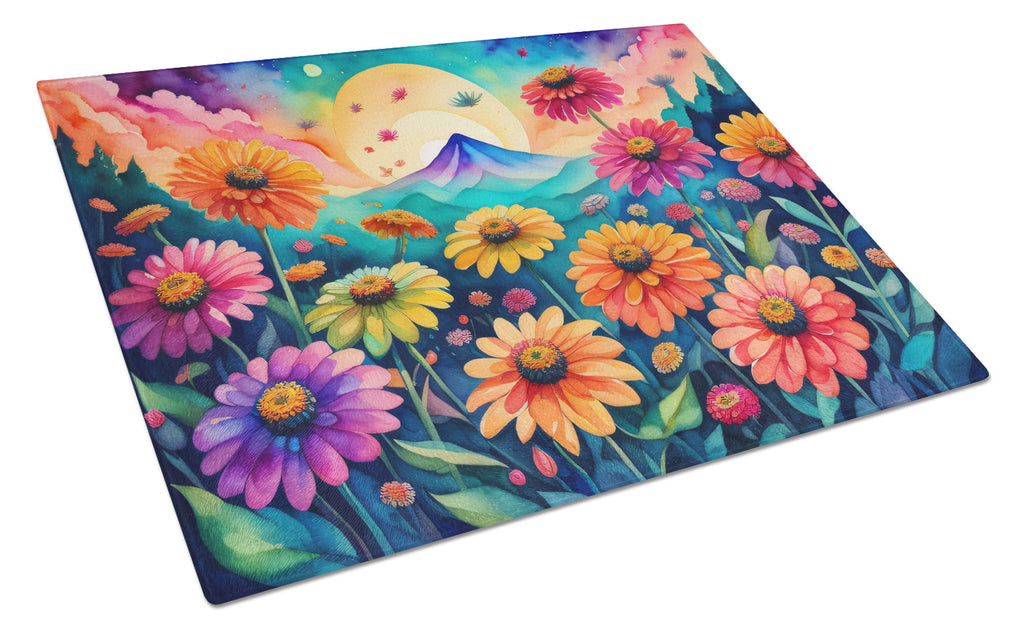 Zinnias in Color Cutting Board Tempered Glass Kitchen Cutting Surface, Heat Resistant Chopping, Non-Slip Feet, Food Prep & Serving