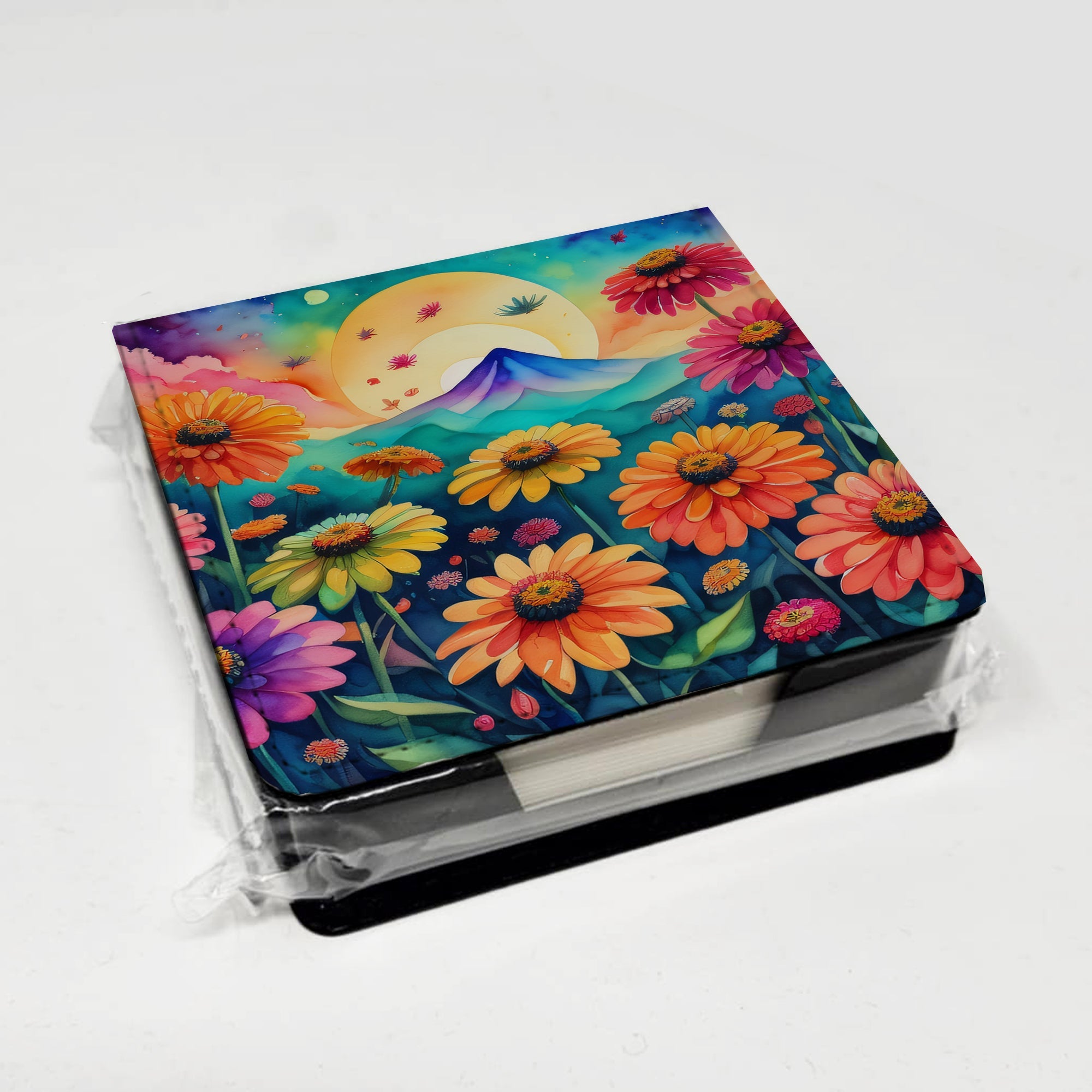 Zinnias in Color PU Leather Note Paper Holder with Artist-Designed Cover, Desk Accessory, Office Gift