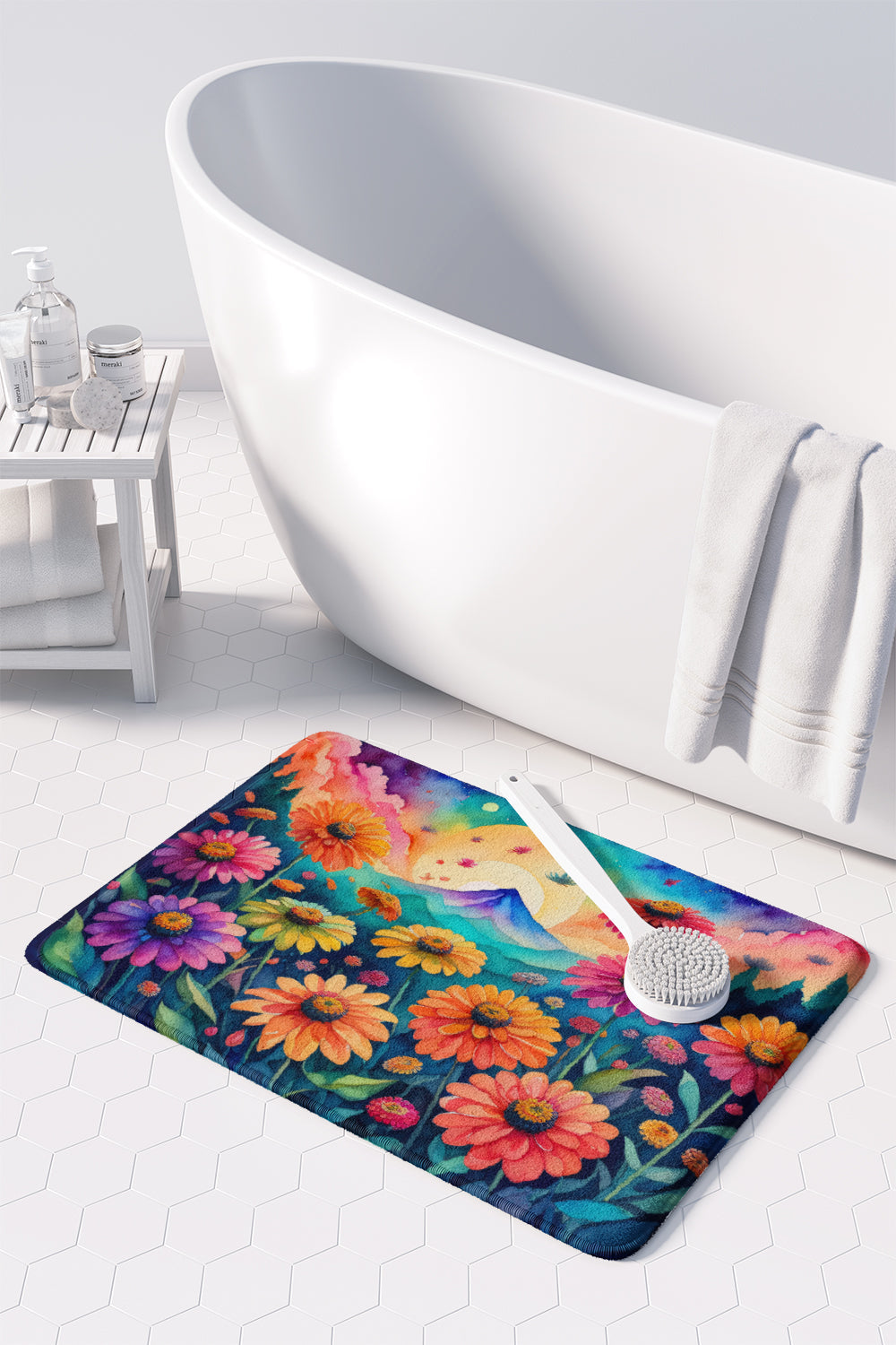 Zinnias in Color Memory Foam Kitchen Mat Machine Washable Anti-Fatigue Cushion Comfort Bath or Kitchen Rug