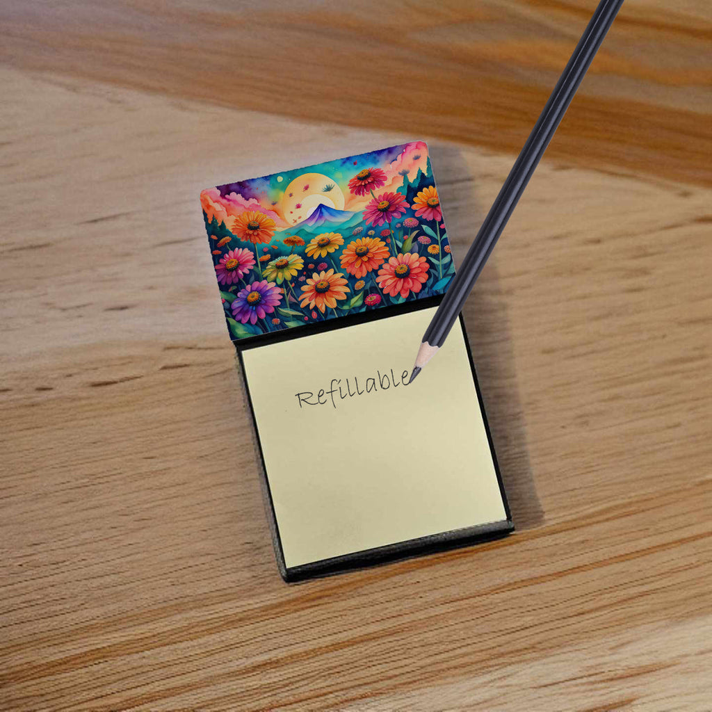 Zinnias in Color Watercolor Sticky Note Holder Refillable Dispenser Desk Accessory 3x3 Pad Gift