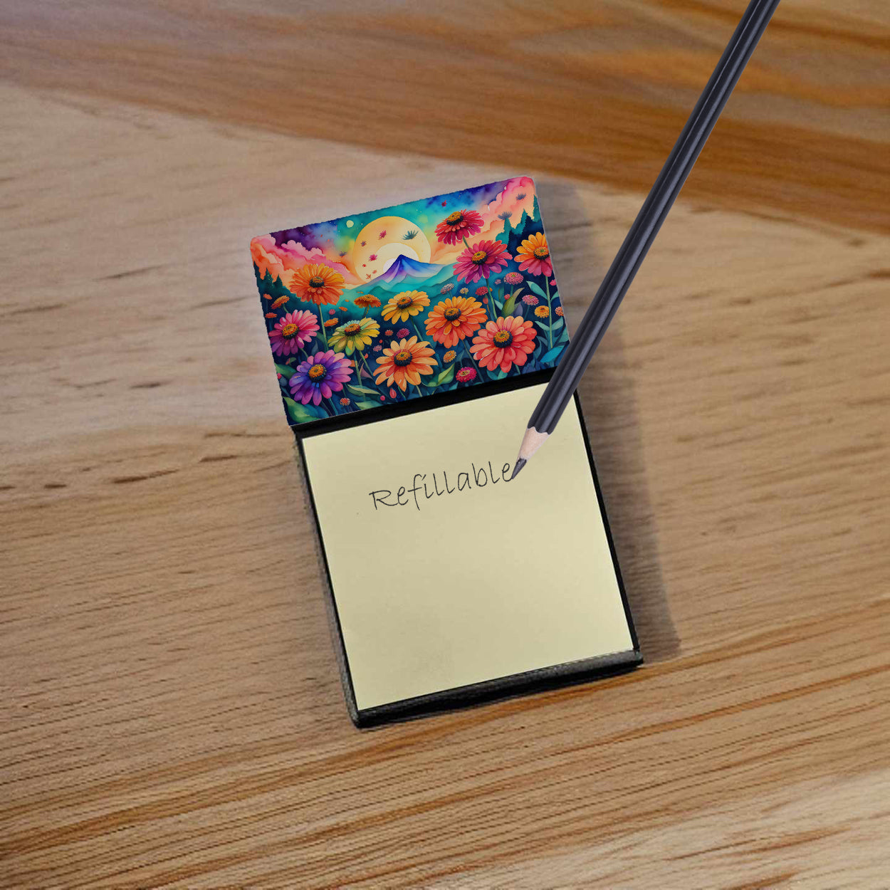 Zinnias in Color Watercolor Sticky Note Holder Refillable Dispenser Desk Accessory 3x3 Pad Gift