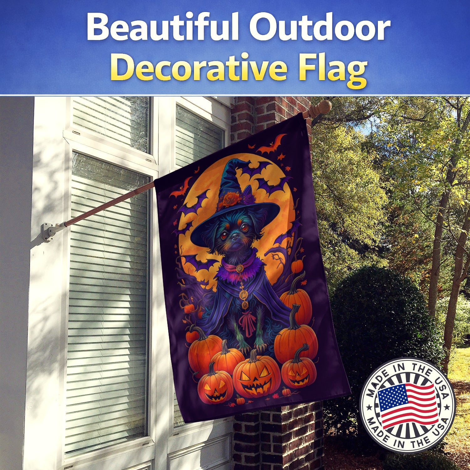 Affenpinscher Witchy Halloween House Flag 28x40 Porch Sleeve Pole Decorative Outside Yard Banner Artwork Wall Hanging, Polyester