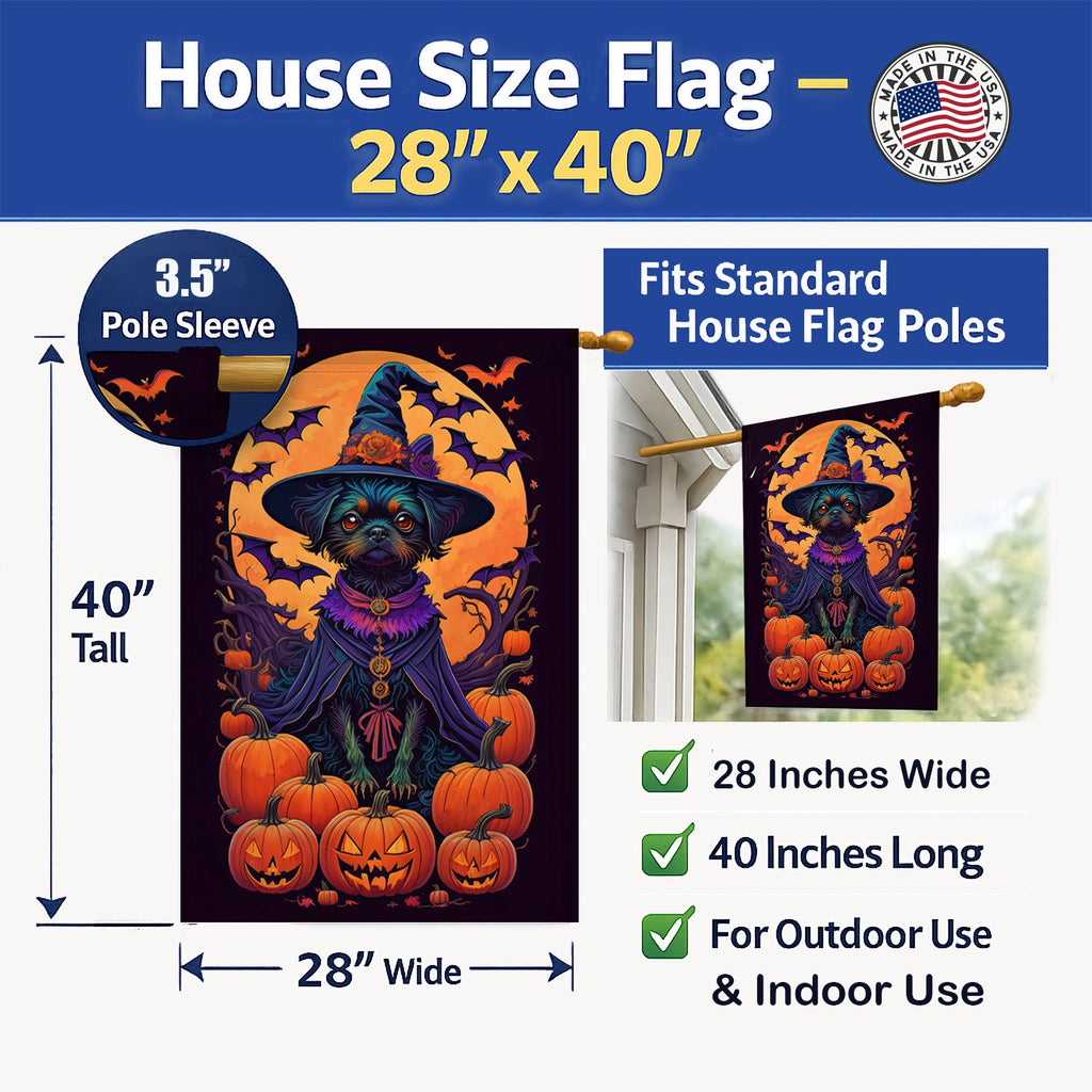 Affenpinscher Witchy Halloween House Flag 28x40 Porch Sleeve Pole Decorative Outside Yard Banner Artwork Wall Hanging, Polyester