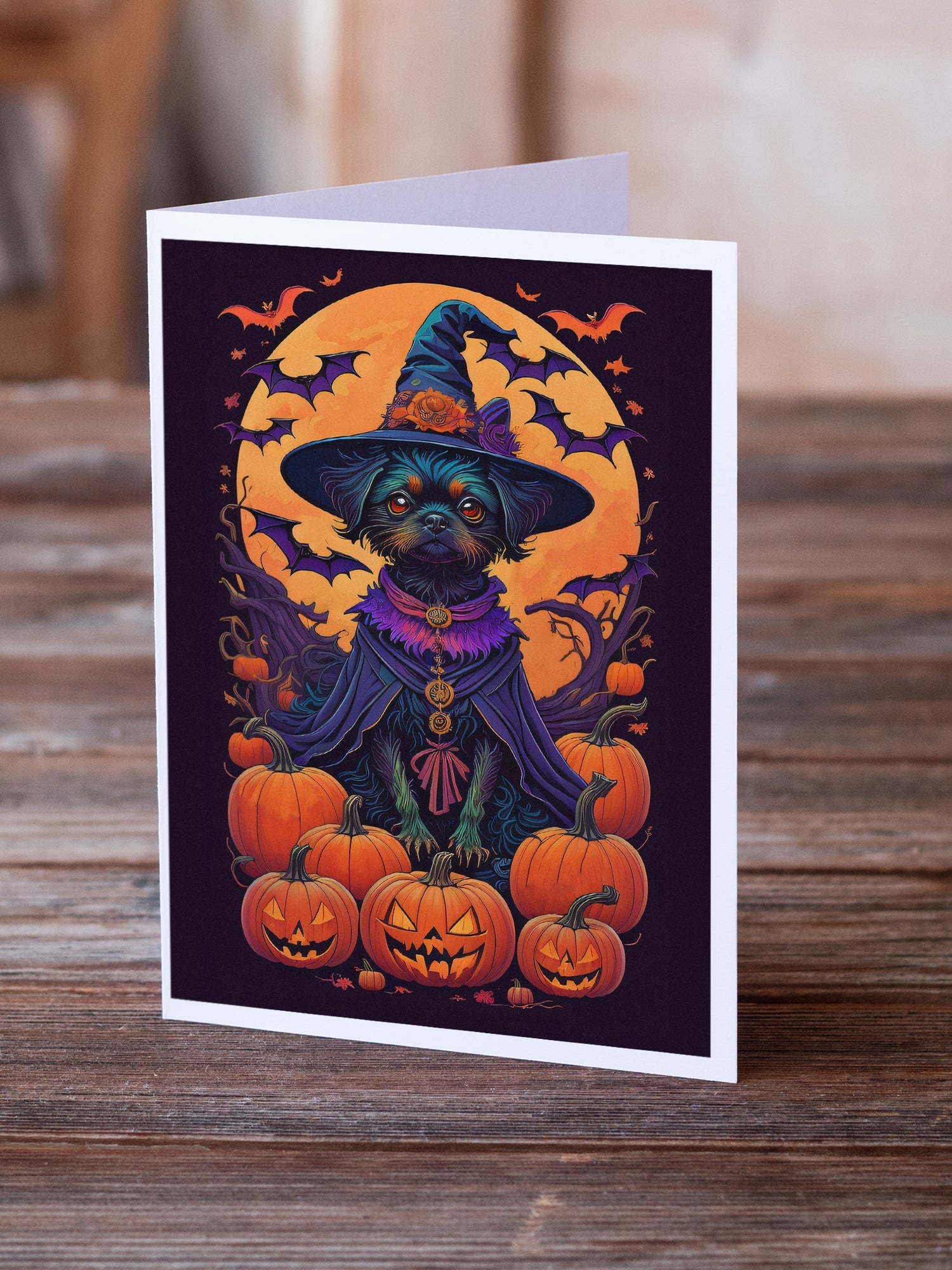 Affenpinscher Witchy Halloween Greeting Cards Pack of 8 Blank Cards with Envelopes Whimsical A7 Size 5x7