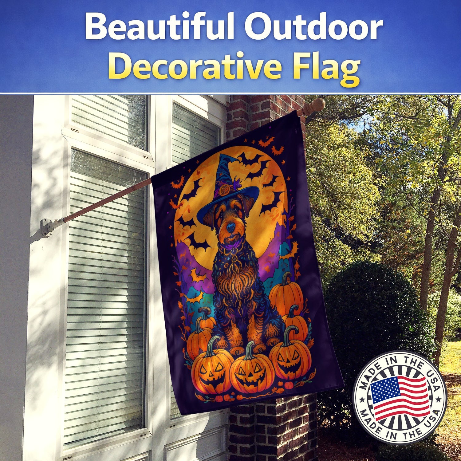 Airedale Terrier Witchy Halloween House Flag 28x40 Porch Sleeve Pole Decorative Outside Yard Banner Artwork Wall Hanging, Polyester