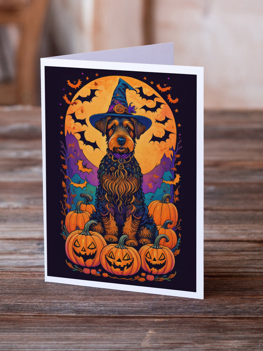 Airedale Terrier Witchy Halloween Greeting Cards Pack of 8 Blank Cards with Envelopes Whimsical A7 Size 5x7
