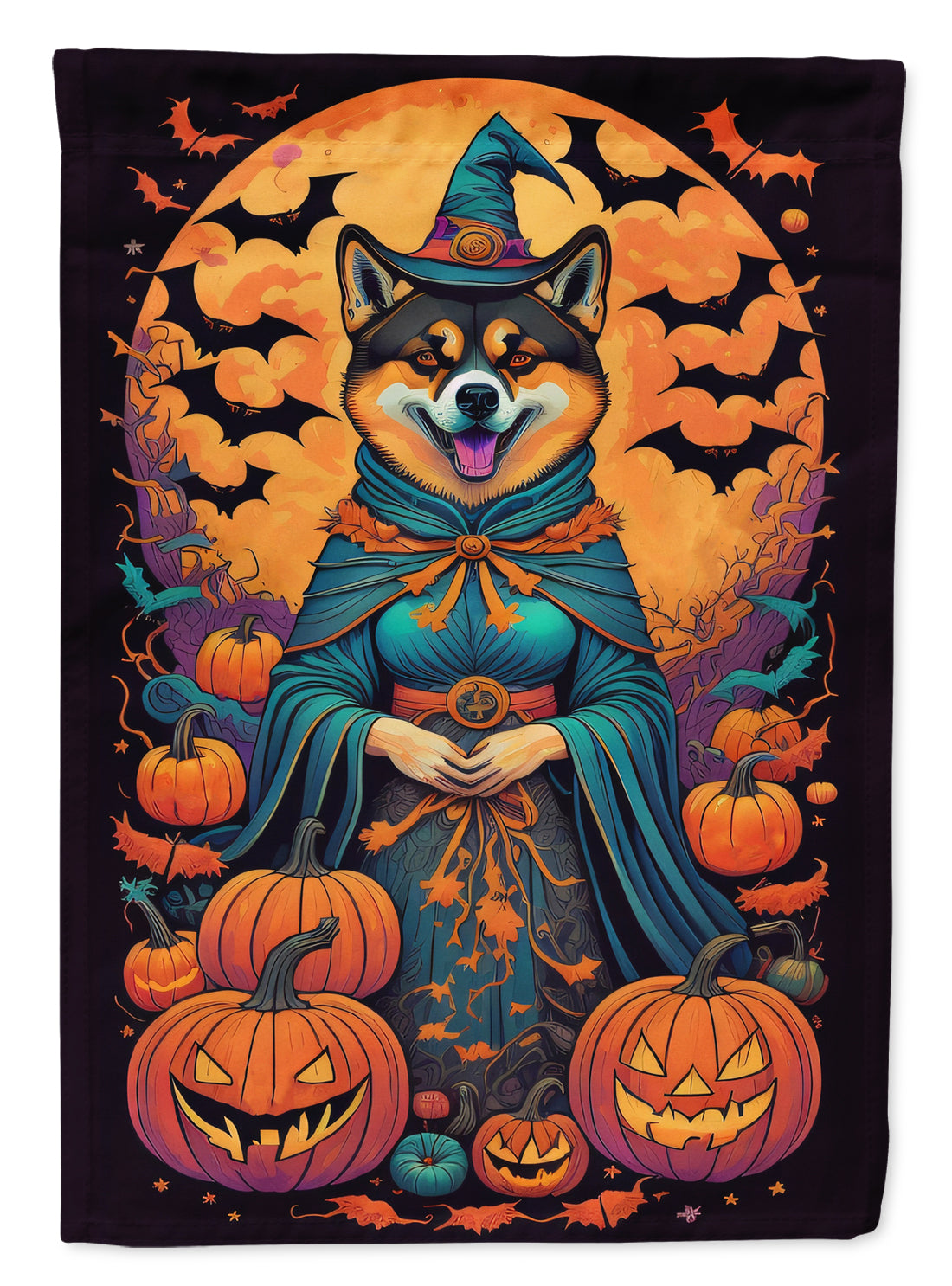 Akita Witchy Halloween House Flag 28x40 Porch Sleeve Pole Decorative Outside Yard Banner Artwork Wall Hanging, Polyester
