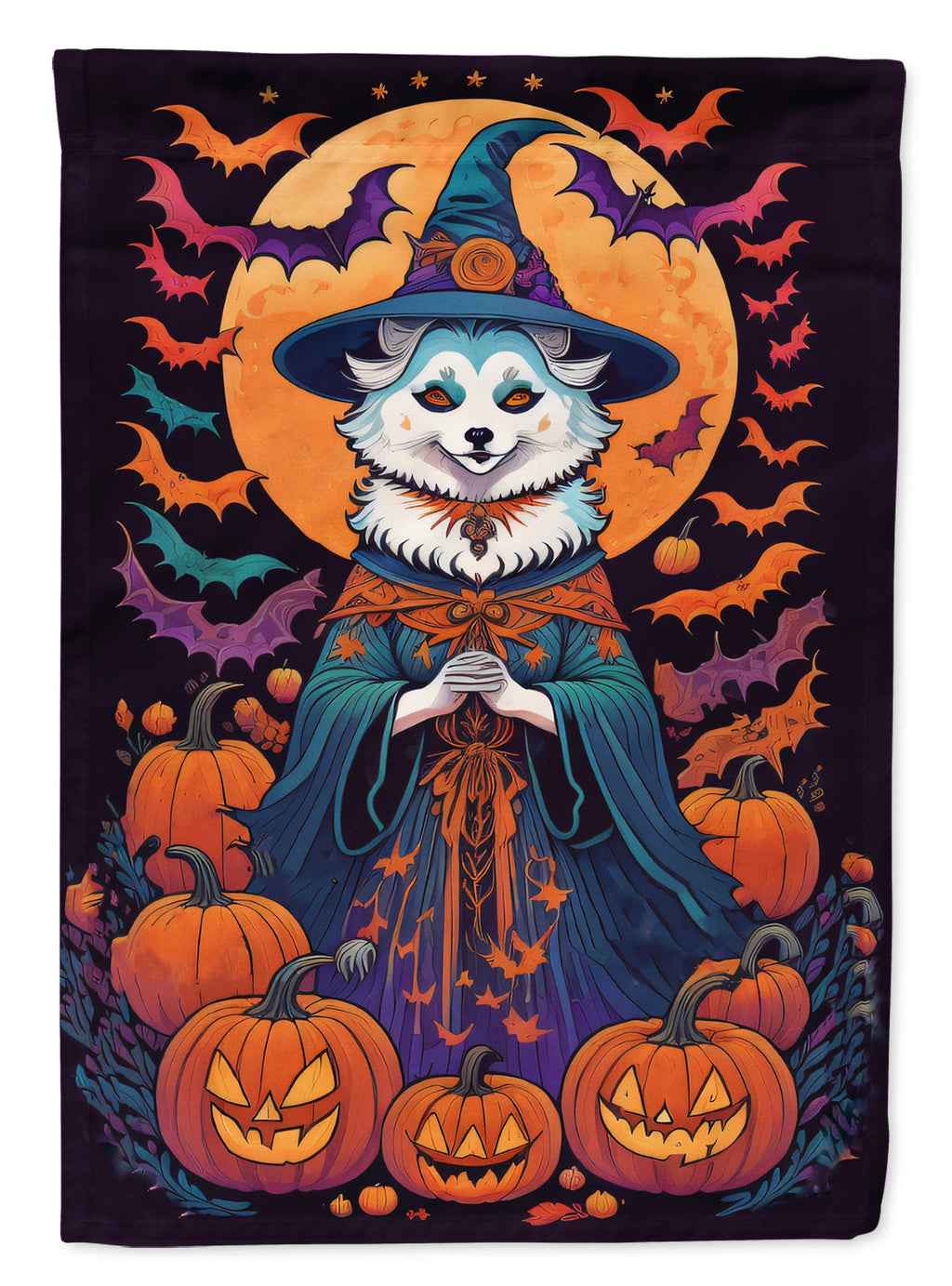 American Eskimo Witchy Halloween House Flag 28x40 Porch Sleeve Pole Decorative Outside Yard Banner Artwork Wall Hanging, Polyester