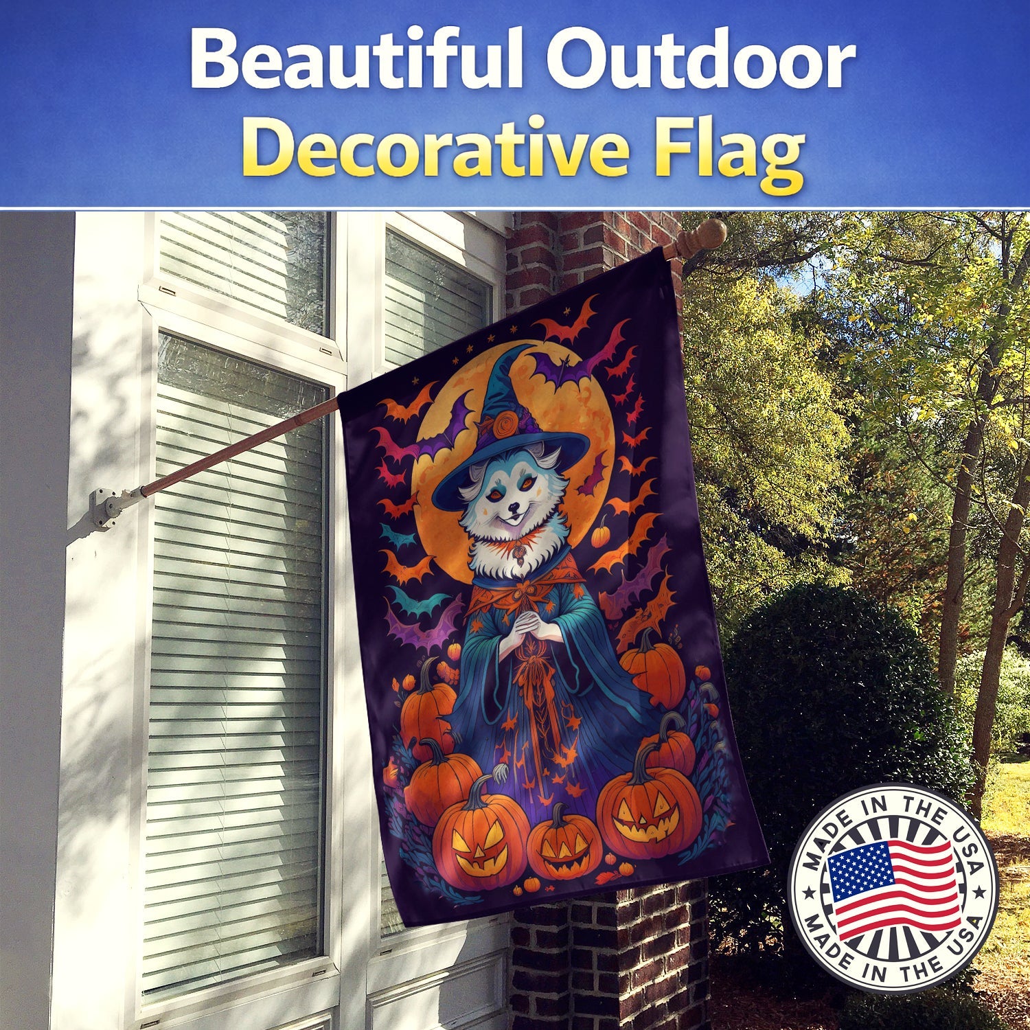 American Eskimo Witchy Halloween House Flag 28x40 Porch Sleeve Pole Decorative Outside Yard Banner Artwork Wall Hanging, Polyester