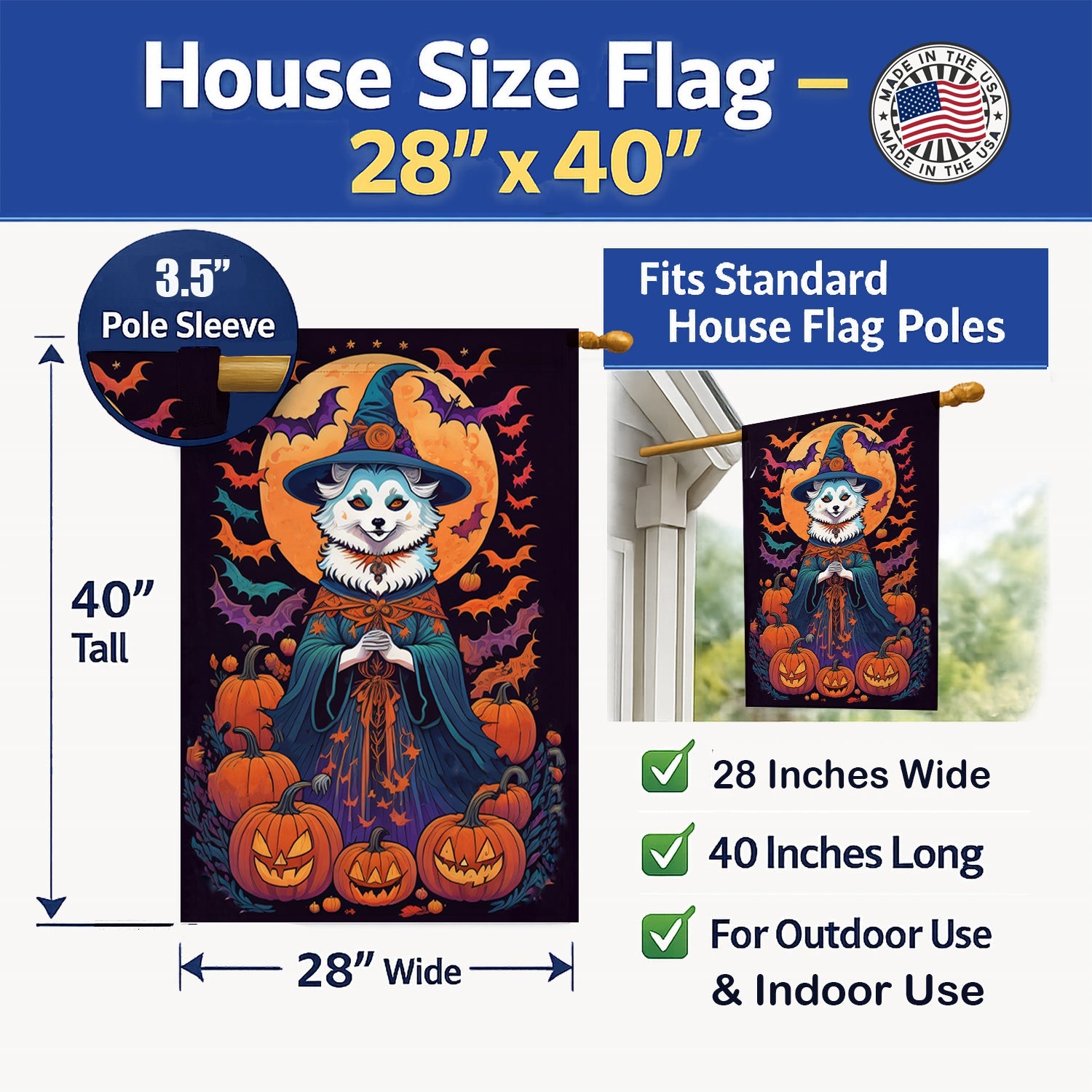 American Eskimo Witchy Halloween House Flag 28x40 Porch Sleeve Pole Decorative Outside Yard Banner Artwork Wall Hanging, Polyester
