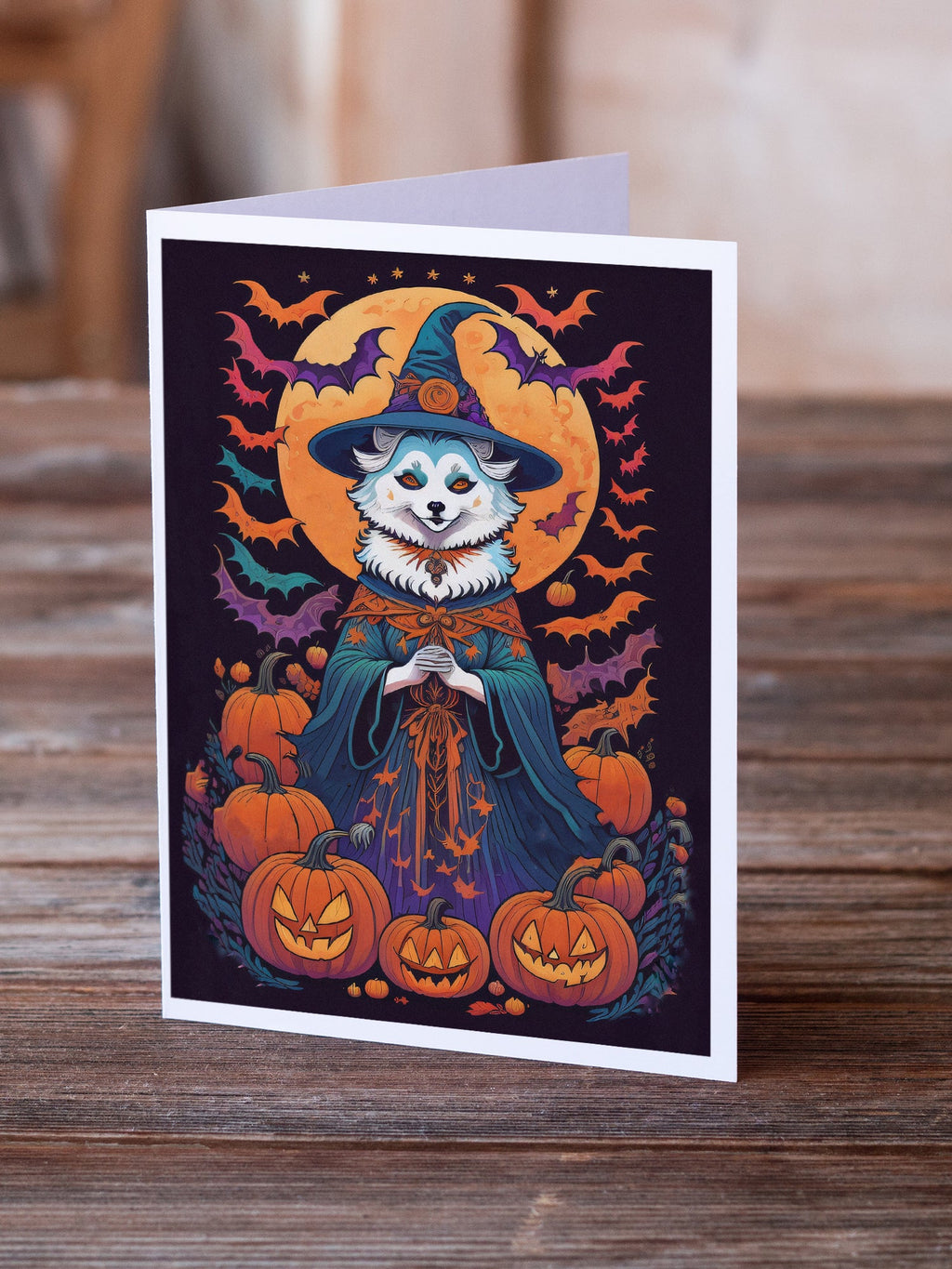 American Eskimo Witchy Halloween Greeting Cards Pack of 8 Blank Cards with Envelopes Whimsical A7 Size 5x7