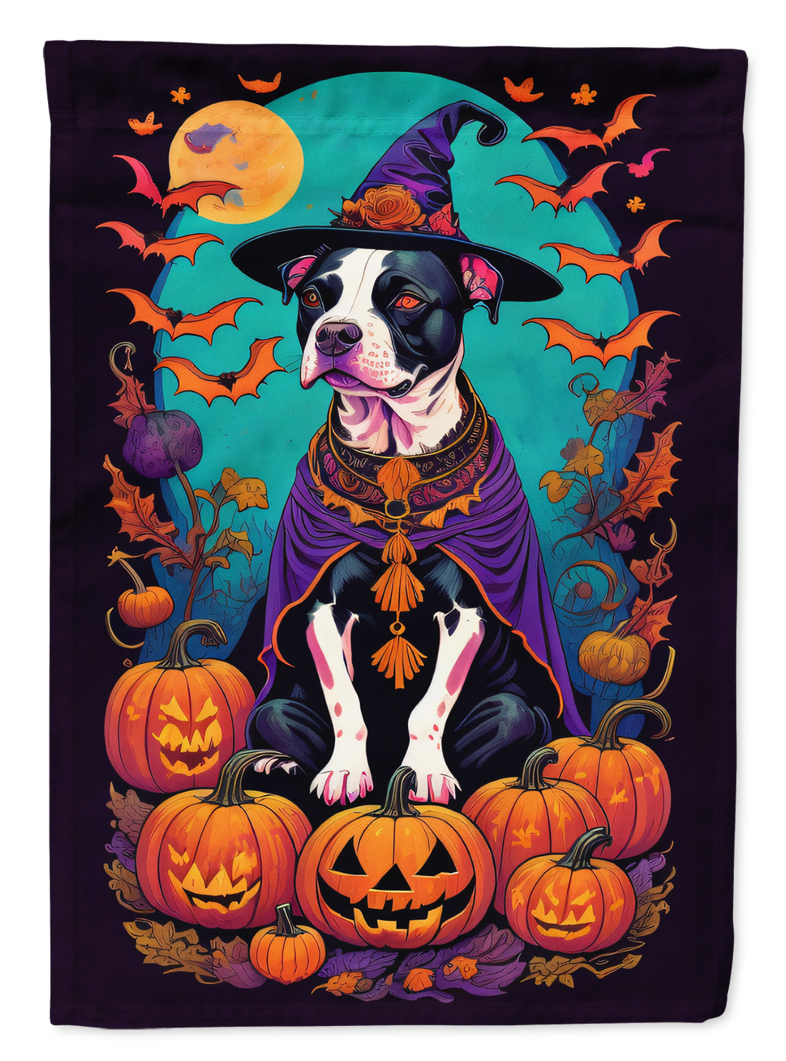 Pit Bull Terrier Witchy Halloween House Flag 28x40 Porch Sleeve Pole Decorative Outside Yard Banner Artwork Wall Hanging, Polyester