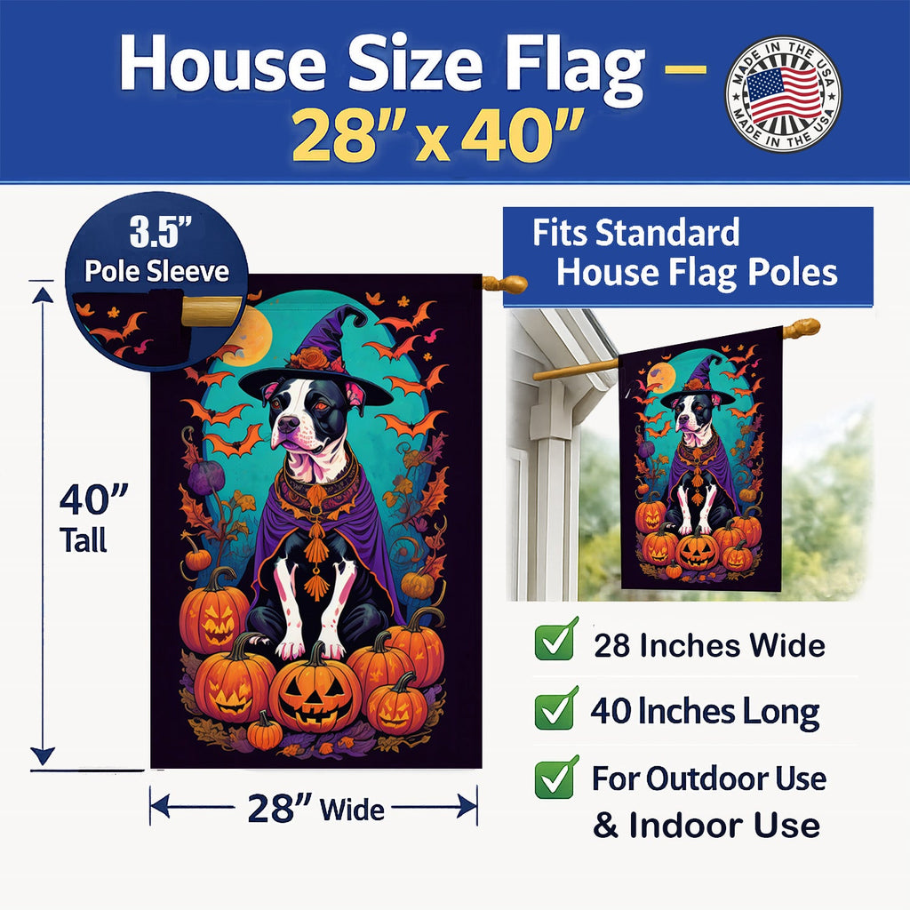 Pit Bull Terrier Witchy Halloween House Flag 28x40 Porch Sleeve Pole Decorative Outside Yard Banner Artwork Wall Hanging, Polyester