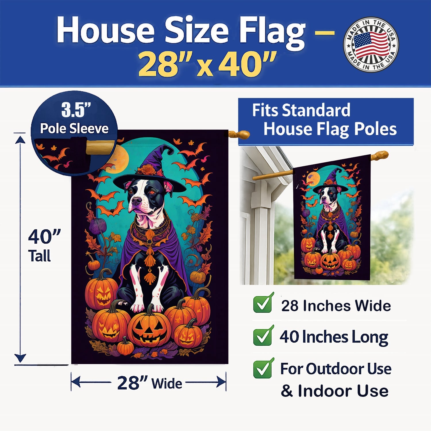 Pit Bull Terrier Witchy Halloween House Flag 28x40 Porch Sleeve Pole Decorative Outside Yard Banner Artwork Wall Hanging, Polyester