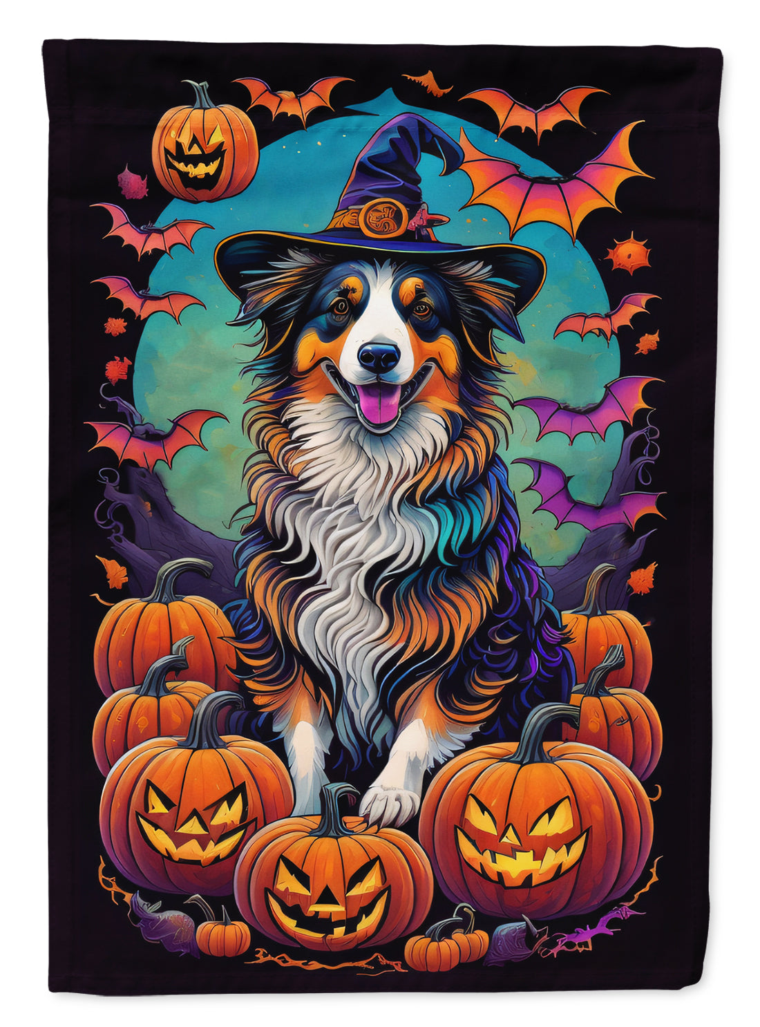 Australian Shepherd Witchy Halloween House Flag 28x40 Porch Sleeve Pole Decorative Outside Yard Banner Artwork Wall Hanging, Polyester