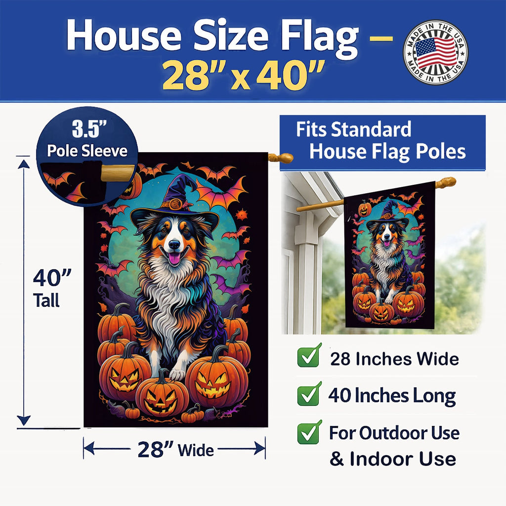 Australian Shepherd Witchy Halloween House Flag 28x40 Porch Sleeve Pole Decorative Outside Yard Banner Artwork Wall Hanging, Polyester