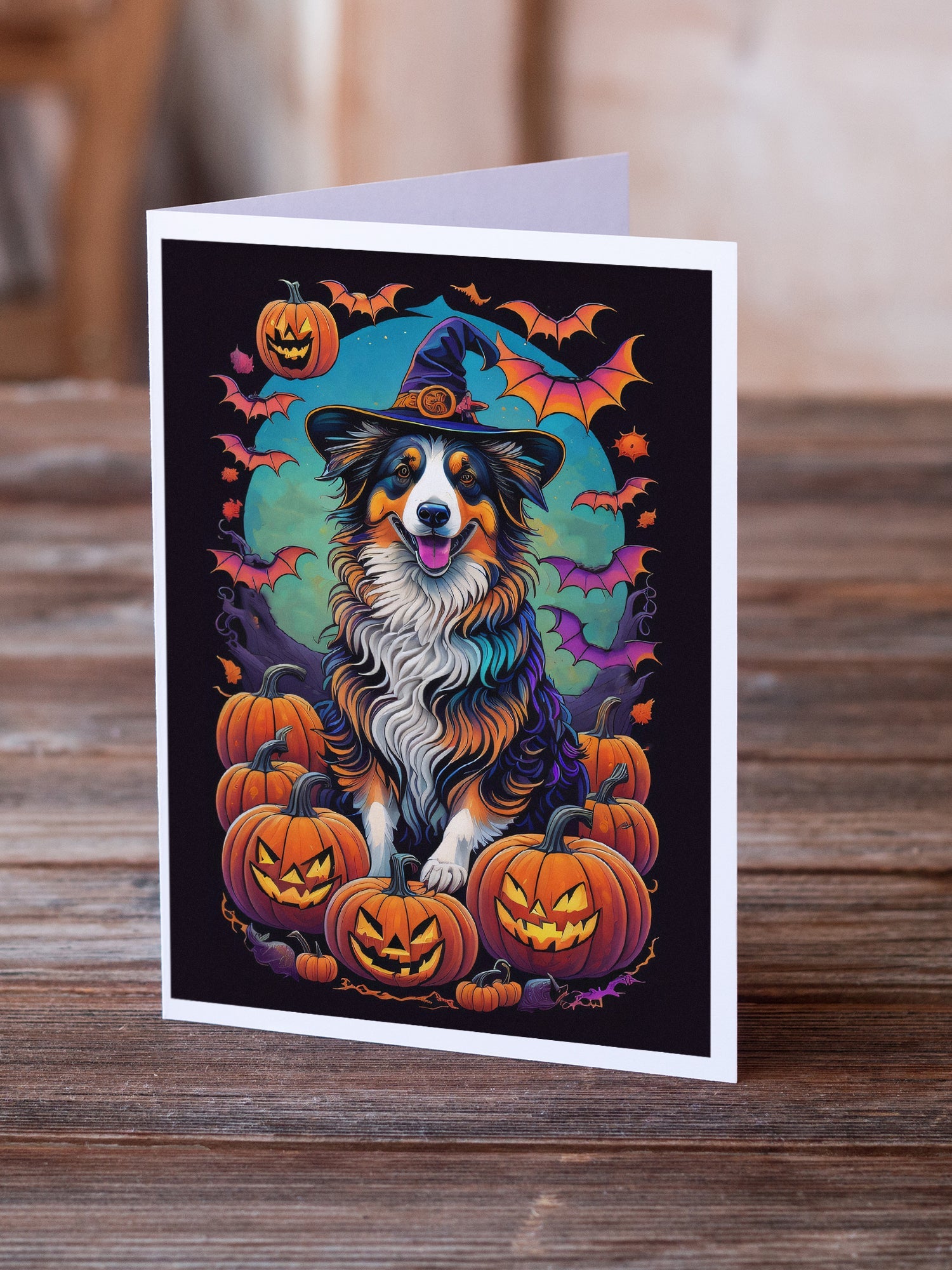 Australian Shepherd Witchy Halloween Greeting Cards Pack of 8 Blank Cards with Envelopes Whimsical A7 Size 5x7