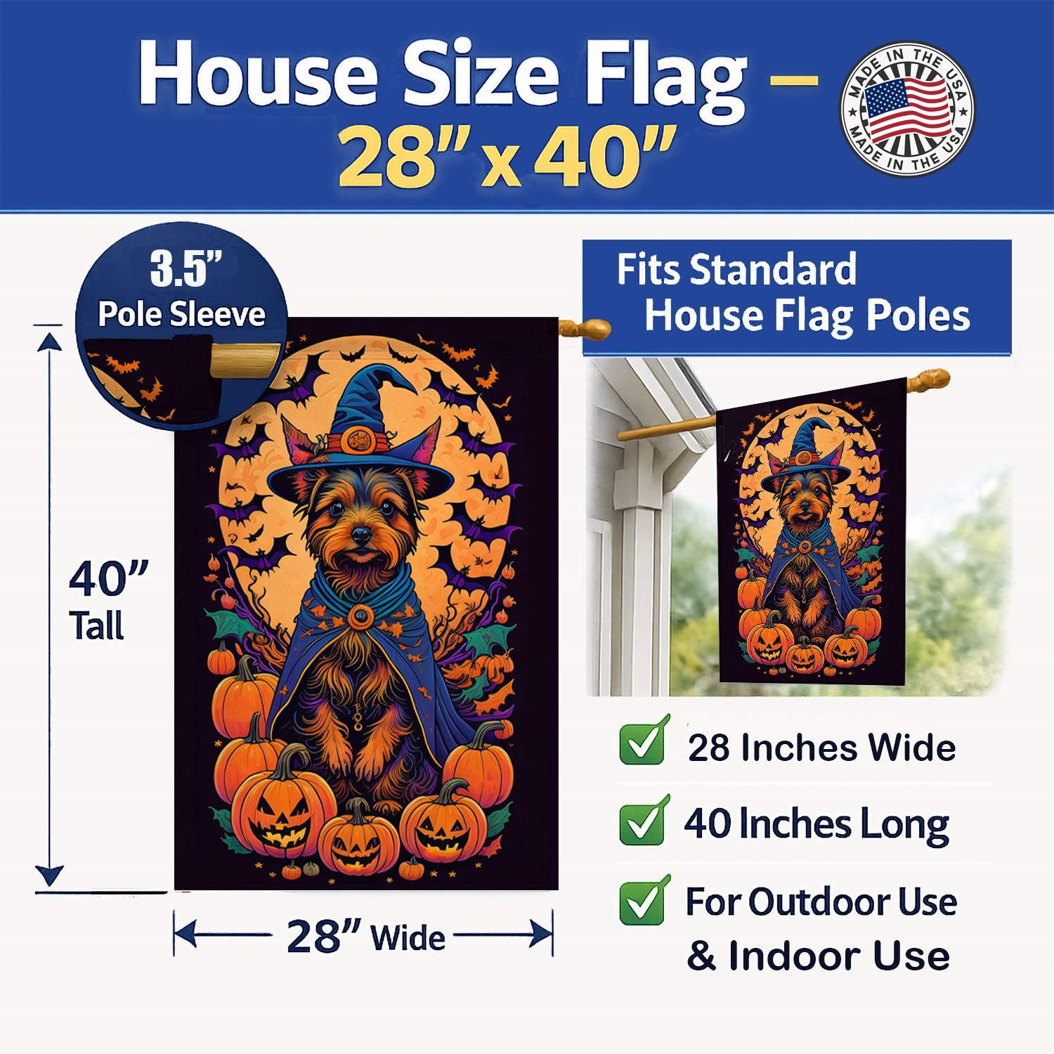 Australian Terrier Witchy Halloween House Flag 28x40 Porch Sleeve Pole Decorative Outside Yard Banner Artwork Wall Hanging, Polyester