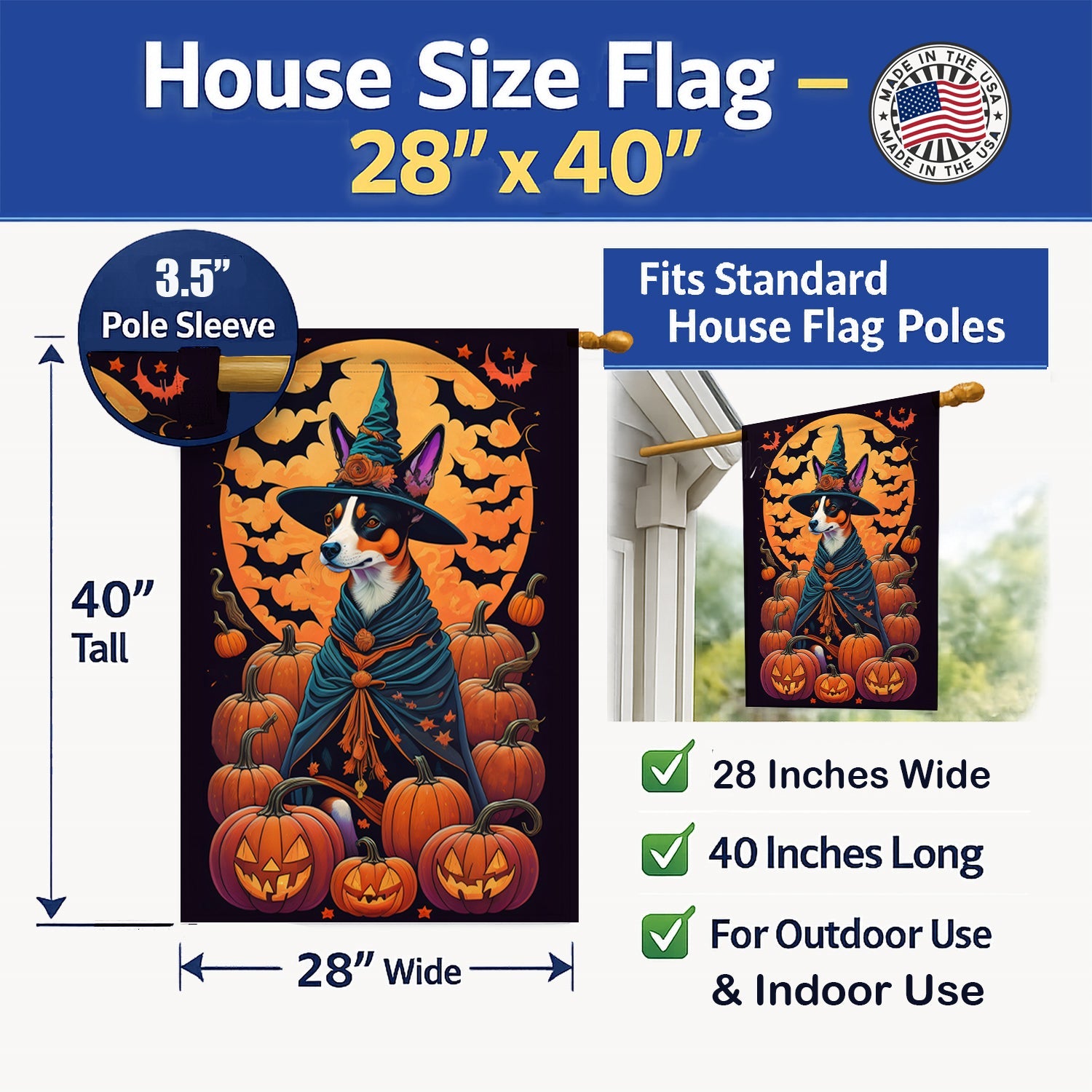Basenji Witchy Halloween House Flag 28x40 Porch Sleeve Pole Decorative Outside Yard Banner Artwork Wall Hanging, Polyester