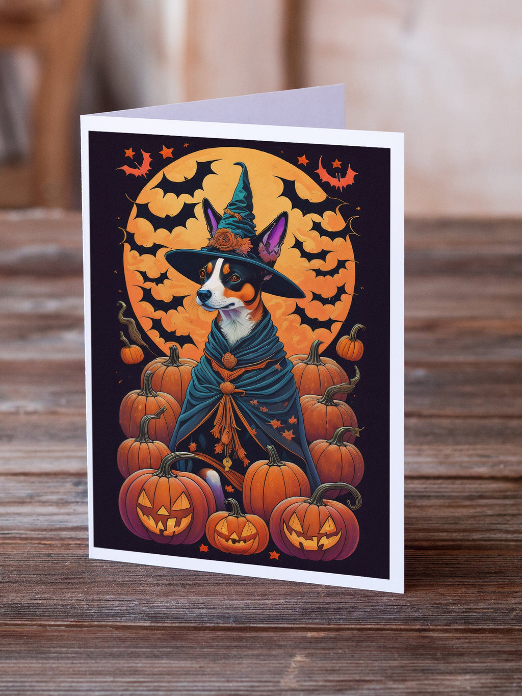Basenji Witchy Halloween Greeting Cards Pack of 8 Blank Cards with Envelopes Whimsical A7 Size 5x7