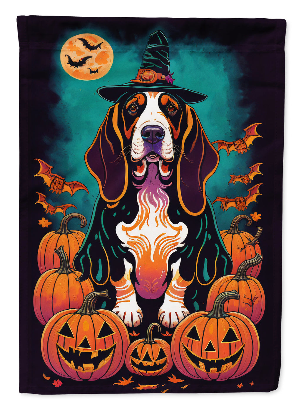 Basset Hound Witchy Halloween House Flag 28x40 Porch Sleeve Pole Decorative Outside Yard Banner Artwork Wall Hanging, Polyester