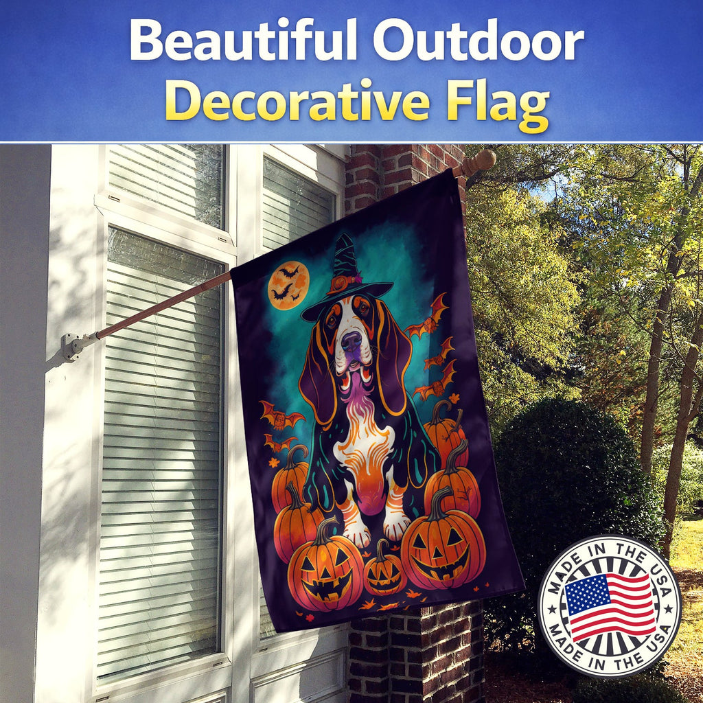 Basset Hound Witchy Halloween House Flag 28x40 Porch Sleeve Pole Decorative Outside Yard Banner Artwork Wall Hanging, Polyester