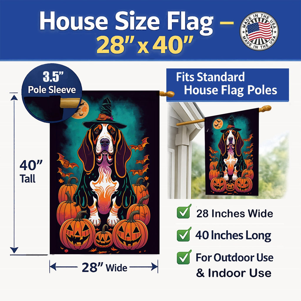 Basset Hound Witchy Halloween House Flag 28x40 Porch Sleeve Pole Decorative Outside Yard Banner Artwork Wall Hanging, Polyester