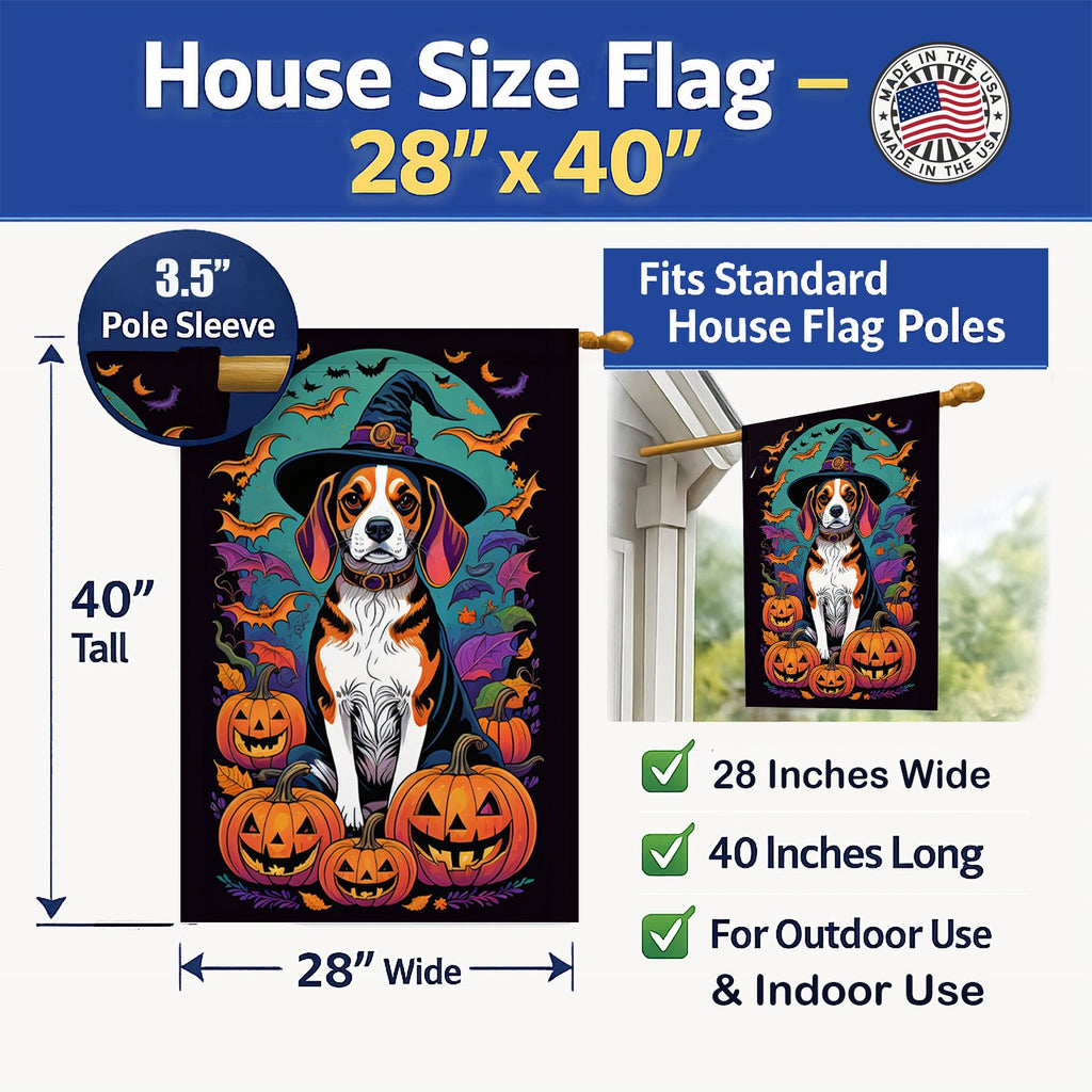 Beagle Witchy Halloween House Flag 28x40 Porch Sleeve Pole Decorative Outside Yard Banner Artwork Wall Hanging, Polyester