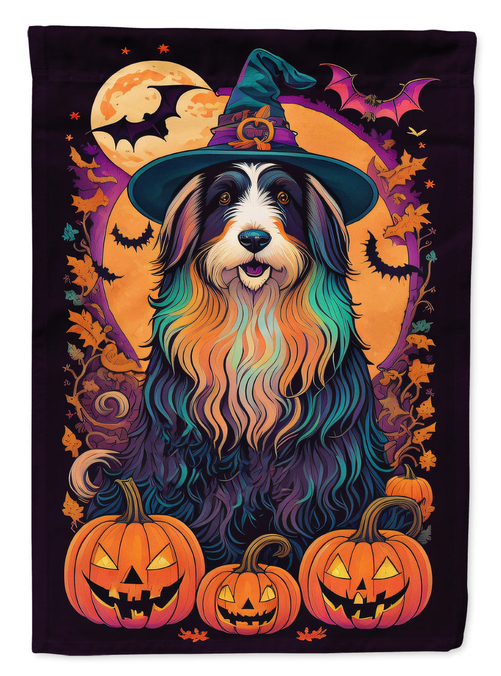 Bearded Collie Witchy Halloween House Flag 28x40 Porch Sleeve Pole Decorative Outside Yard Banner Artwork Wall Hanging, Polyester