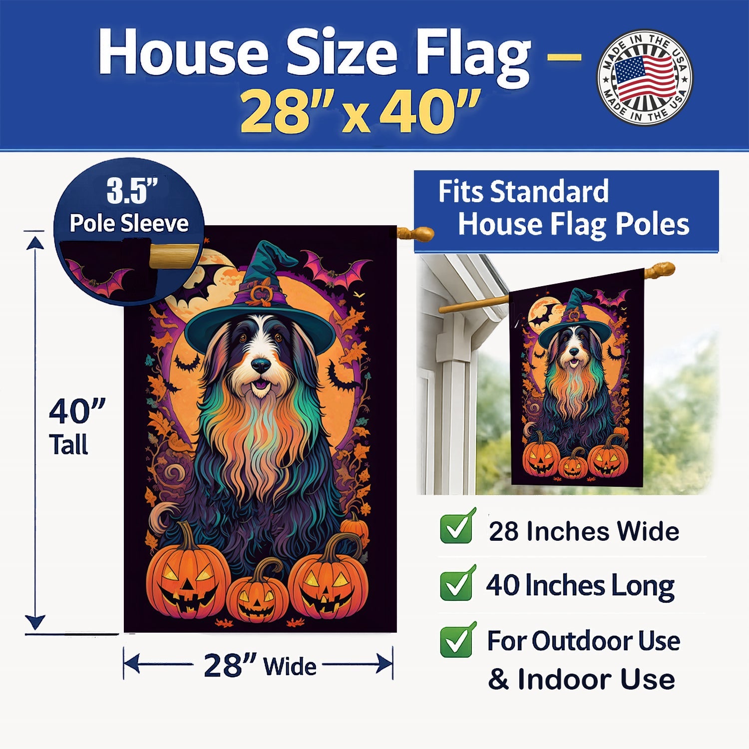 Bearded Collie Witchy Halloween House Flag 28x40 Porch Sleeve Pole Decorative Outside Yard Banner Artwork Wall Hanging, Polyester