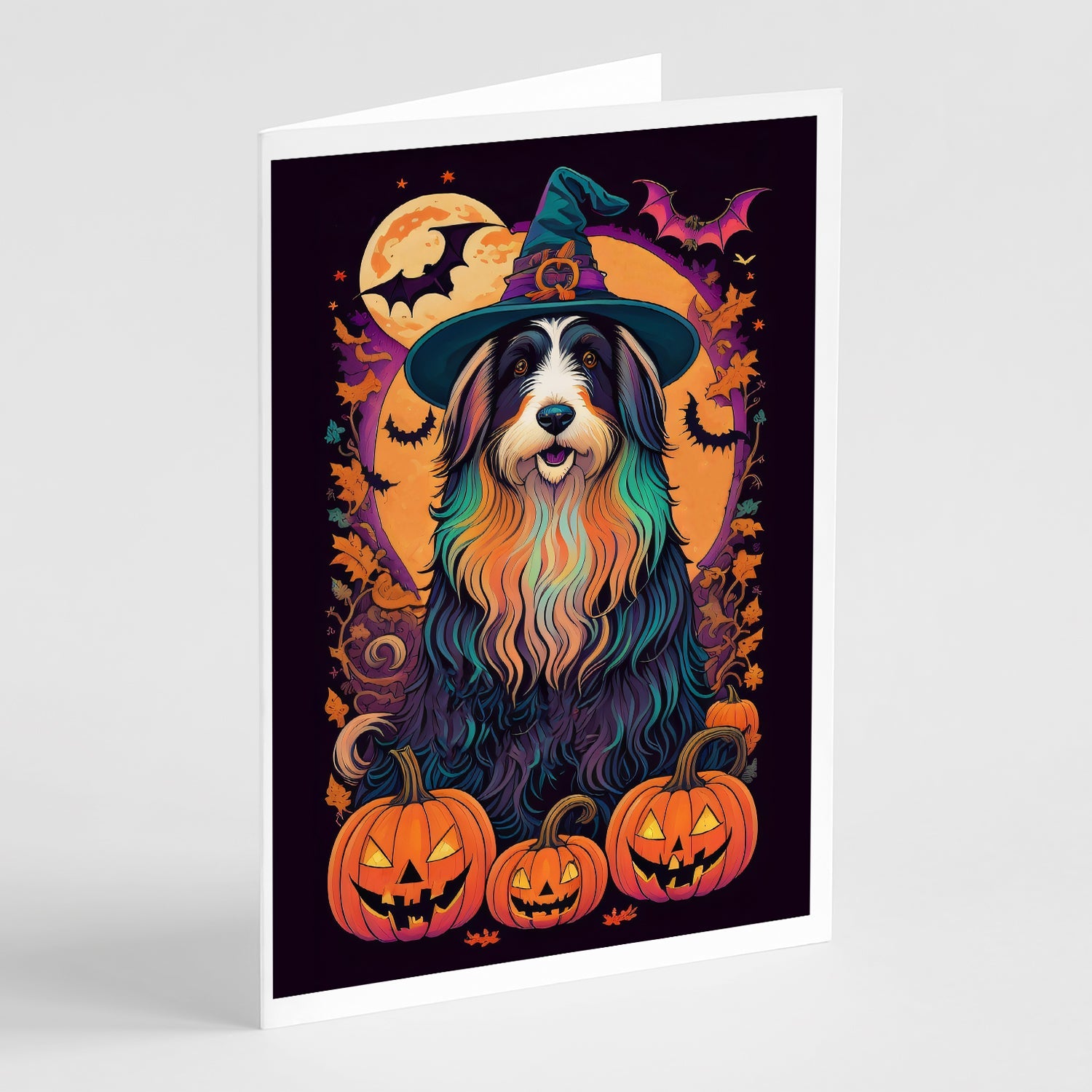 Bearded Collie Witchy Halloween Greeting Cards Pack of 8 Blank Cards with Envelopes Whimsical A7 Size 5x7