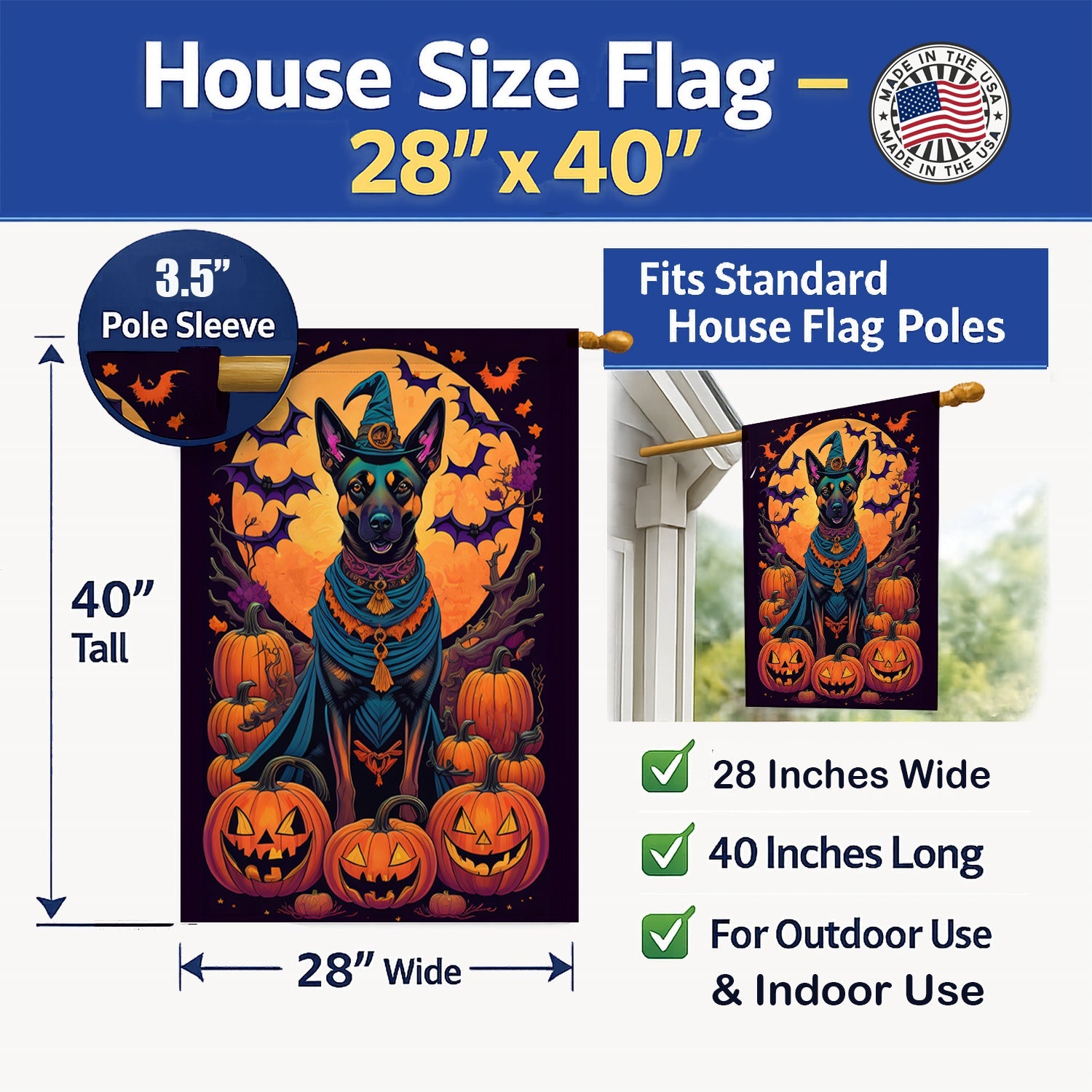 Belgian Malinois Witchy Halloween House Flag 28x40 Porch Sleeve Pole Decorative Outside Yard Banner Artwork Wall Hanging, Polyester