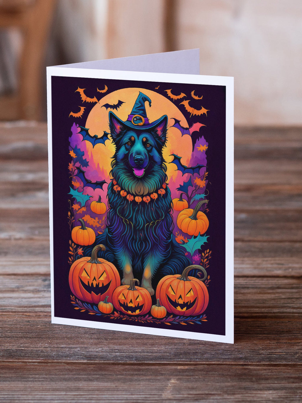Belgian Sheepdog Witchy Halloween Greeting Cards Pack of 8 Blank Cards with Envelopes Whimsical A7 Size 5x7