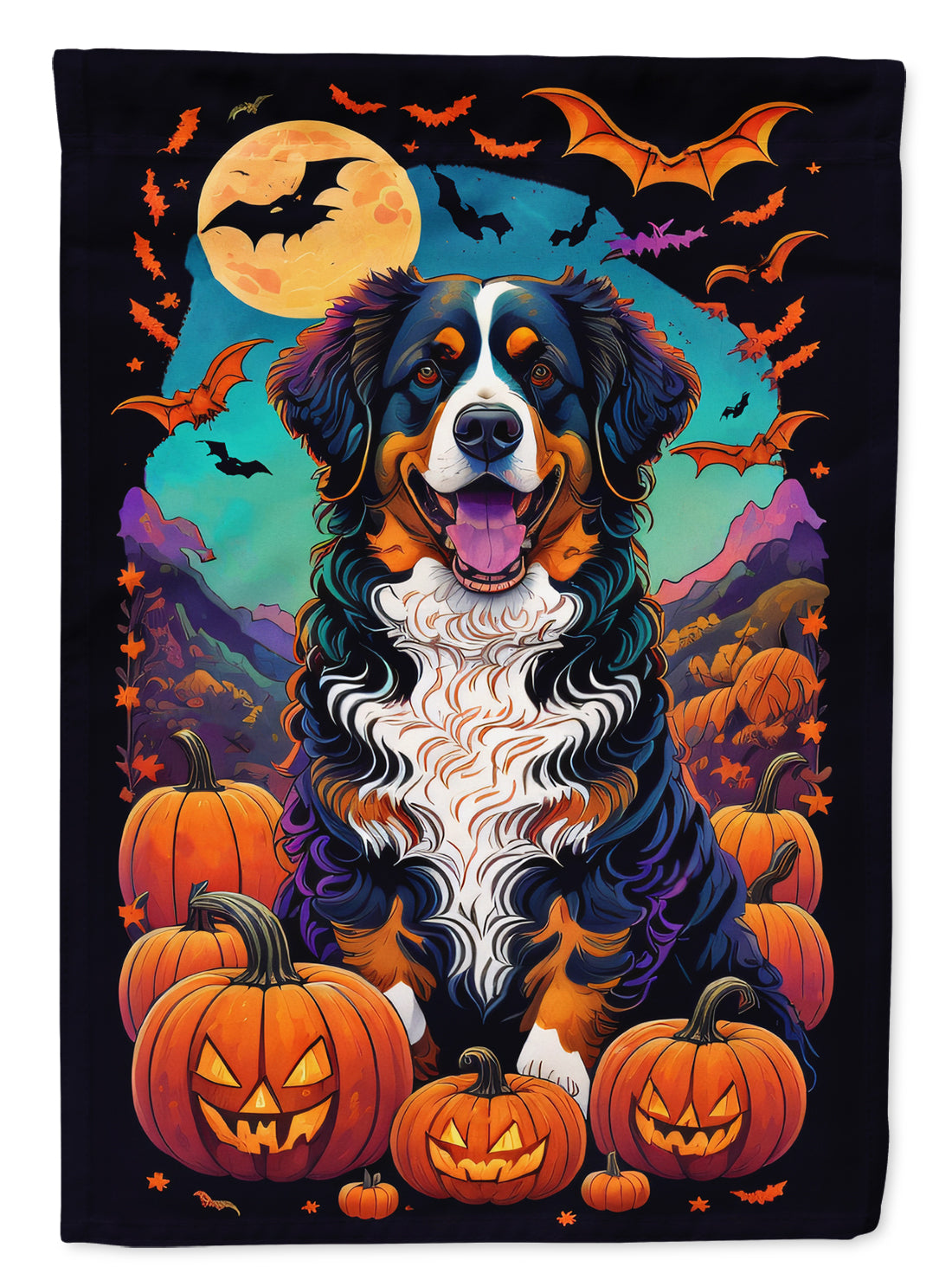 Bernese Mountain Dog Witchy Halloween House Flag 28x40 Porch Sleeve Pole Decorative Outside Yard Banner Artwork Wall Hanging, Polyester