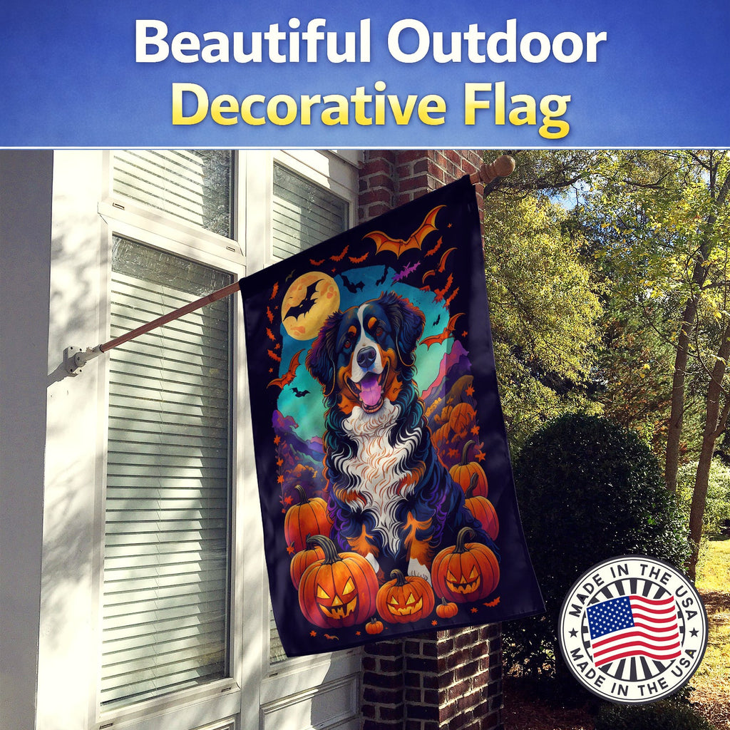 Bernese Mountain Dog Witchy Halloween House Flag 28x40 Porch Sleeve Pole Decorative Outside Yard Banner Artwork Wall Hanging, Polyester